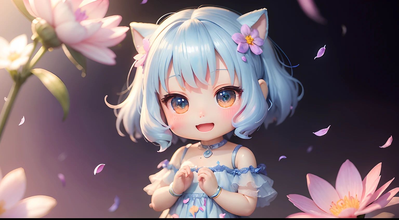photoRealstic、1 Humanoid(nendroid)、Open mouth and big smile、watercolor Nendoroid、(High Definition Figure)、Flowing iridescent silk、Floral dress、Casually add a heart shape to a photo、There are also flowers in front of the nendroids、flower petals、Please take a photo with the heart shape in mind