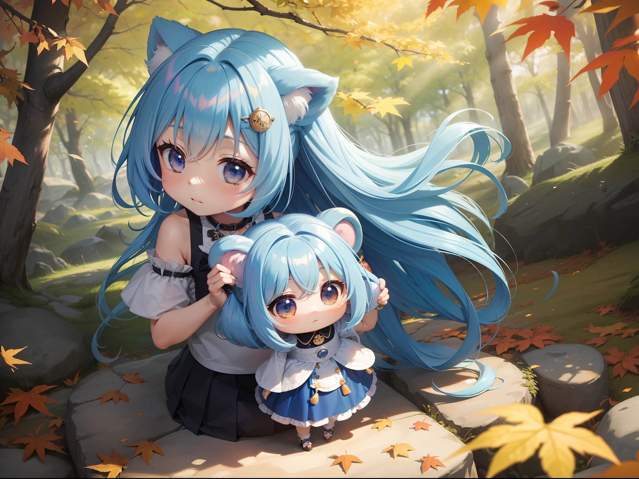 Chibichara long hair with blue hair((Chibi Chara))、Fluffy、girl with、Chibi Chara、full body Esbian、Pastel colors hair、masutepiece、top-quality、In the forest of autumn leaves、Cute bears are also with us。