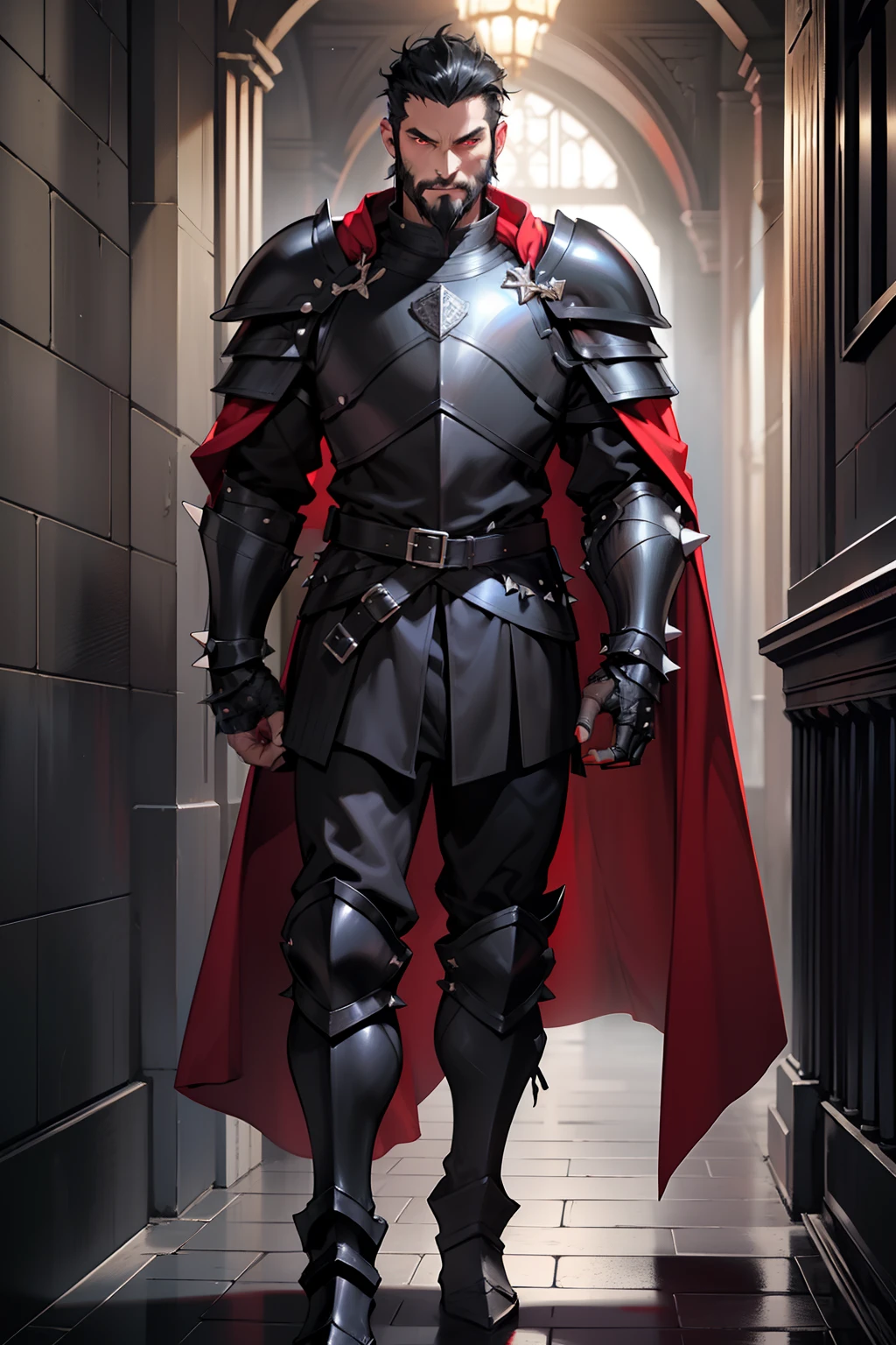 mature man, short black hair, long messy black beard, piercing red eyes, knight-general style clothing, wearing massive black chest armor, wearing black armor shoulders with spikes, wearing black armor gauntels, wearing black armor pants, wearing black armor boots, long red cape behind his back, standing tall in castle hallway, full body