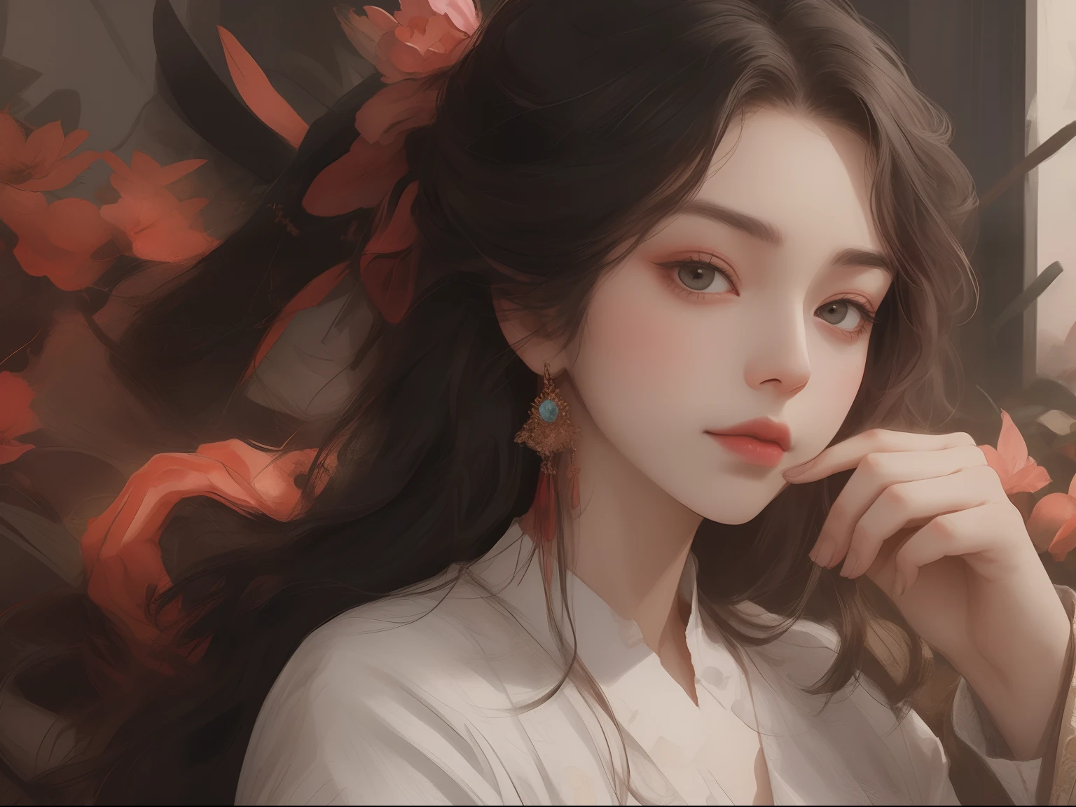 Best quality、tmasterpiece、A high resolution、1girll、Porcelain turtleneck dress、Delicate hair accessories、Fine Necklace、detailed jewellery、pretty  face、Physically、Tyndall effect、realisticlying、Shadow Studio、edge lit、bicolor lighting、（highdetailskin：1.2）、（flatchest，smallunderboob）、8K  UHD、Digital SLR、softlighting、high high quality、volumettic light、sneak shot、photore、A high resolution、4K、8K、The background is blurred out，