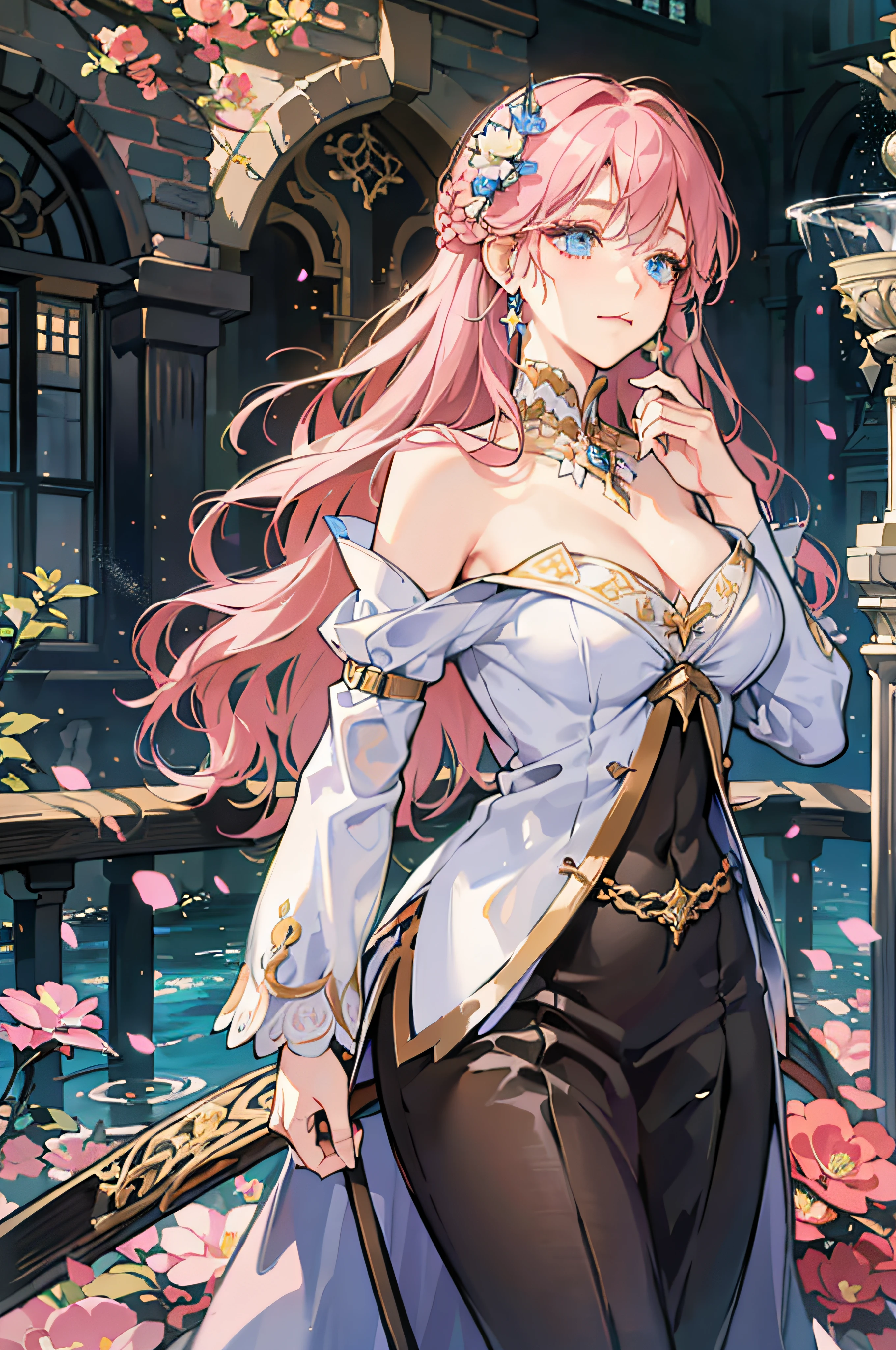 (absurdres, highres, ultra detailed), 1 female, adult, beautiful, tall thin woman, big boobs, small shoulders, finely detailed eyes, very long hair, pink hair, wavy hair, flowers, diamond, jewelry, medieval city, fountain, blue, fantasy setting, princess, blue eyes, portrait, (dutch angle), closed mouth, beautiful dress