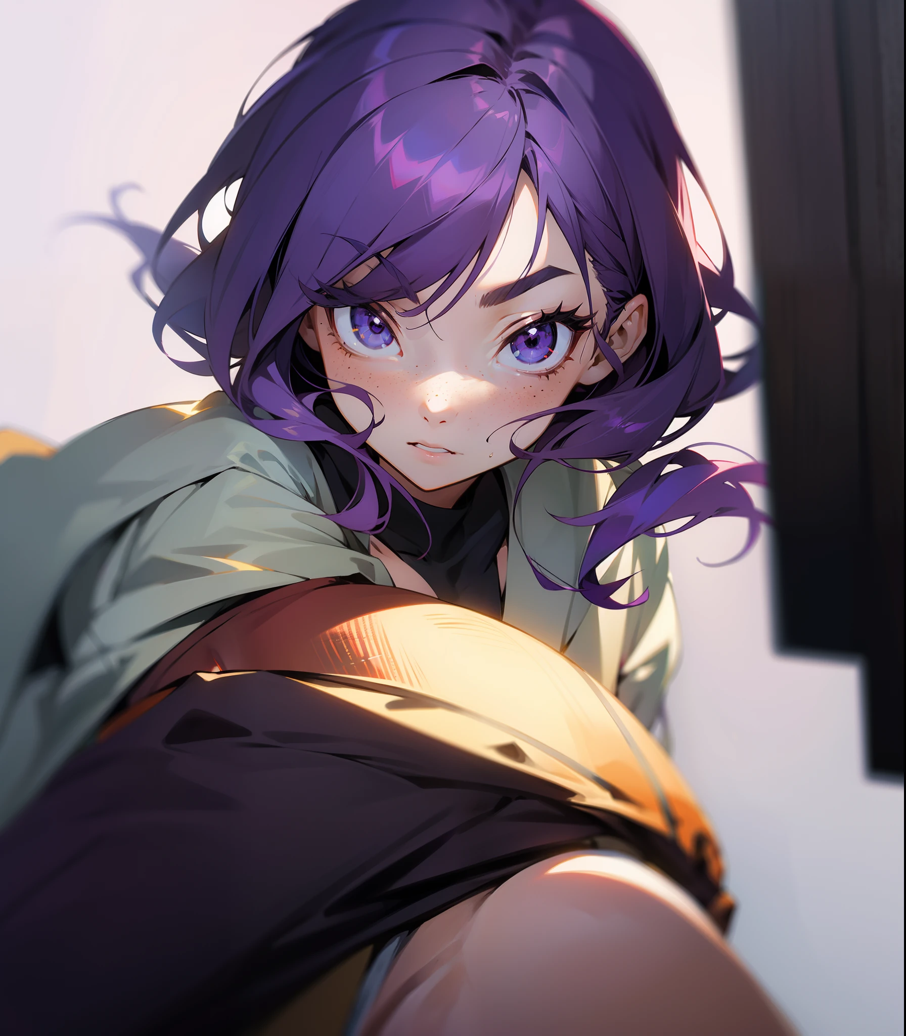 anime style, dark purple hair, grey eyes, freckles