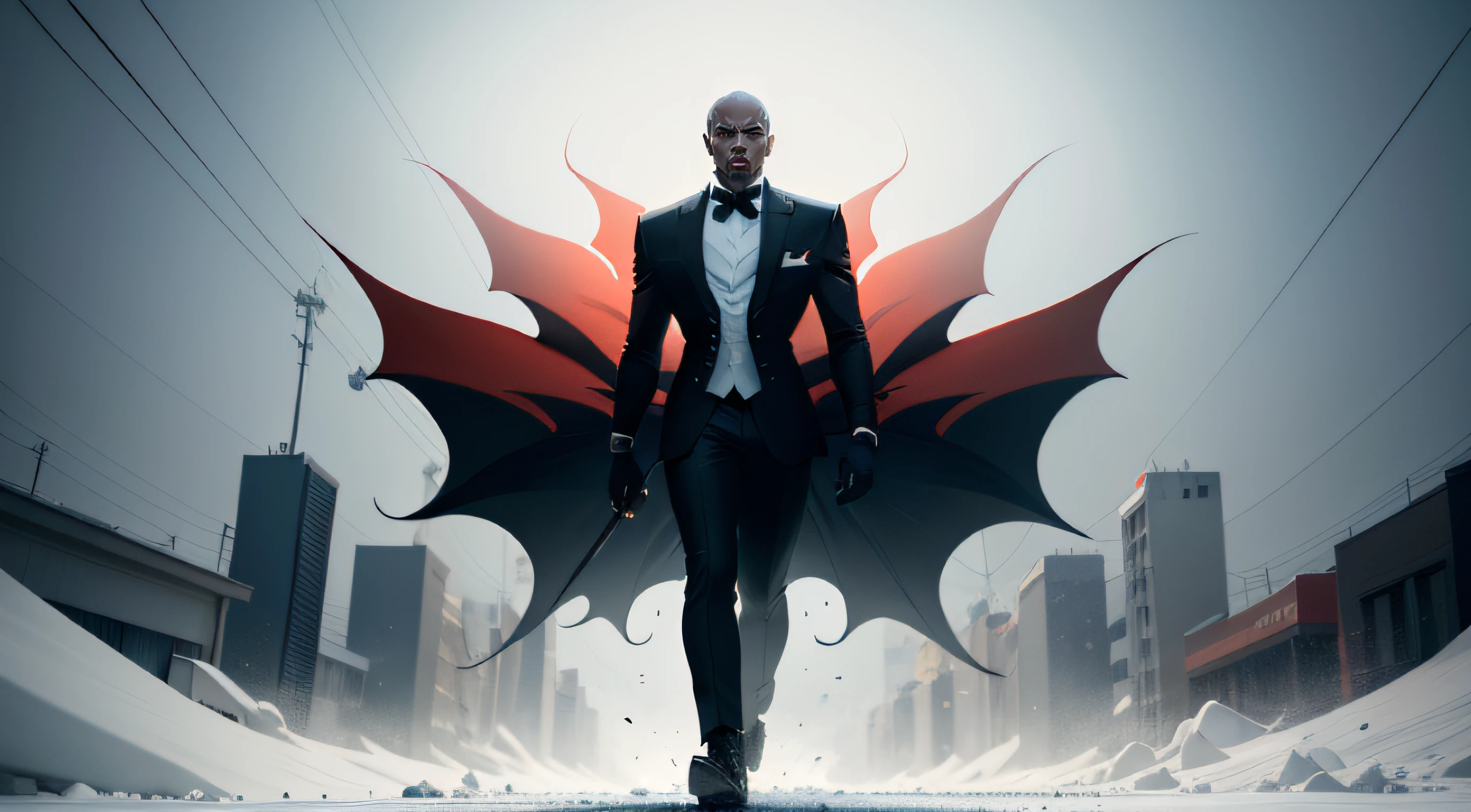 vector logo, all white background, black red and tan minimalist silhouette design of Bald African American male, walking down the street at night, surrounded by ice blue chaos energy, standing in the foreground, in the style of Peter Morbacher and Abigail Larson and Iren Horrors . Transformation. Screaming. Infinitve power. High details, creative image , 3d render,