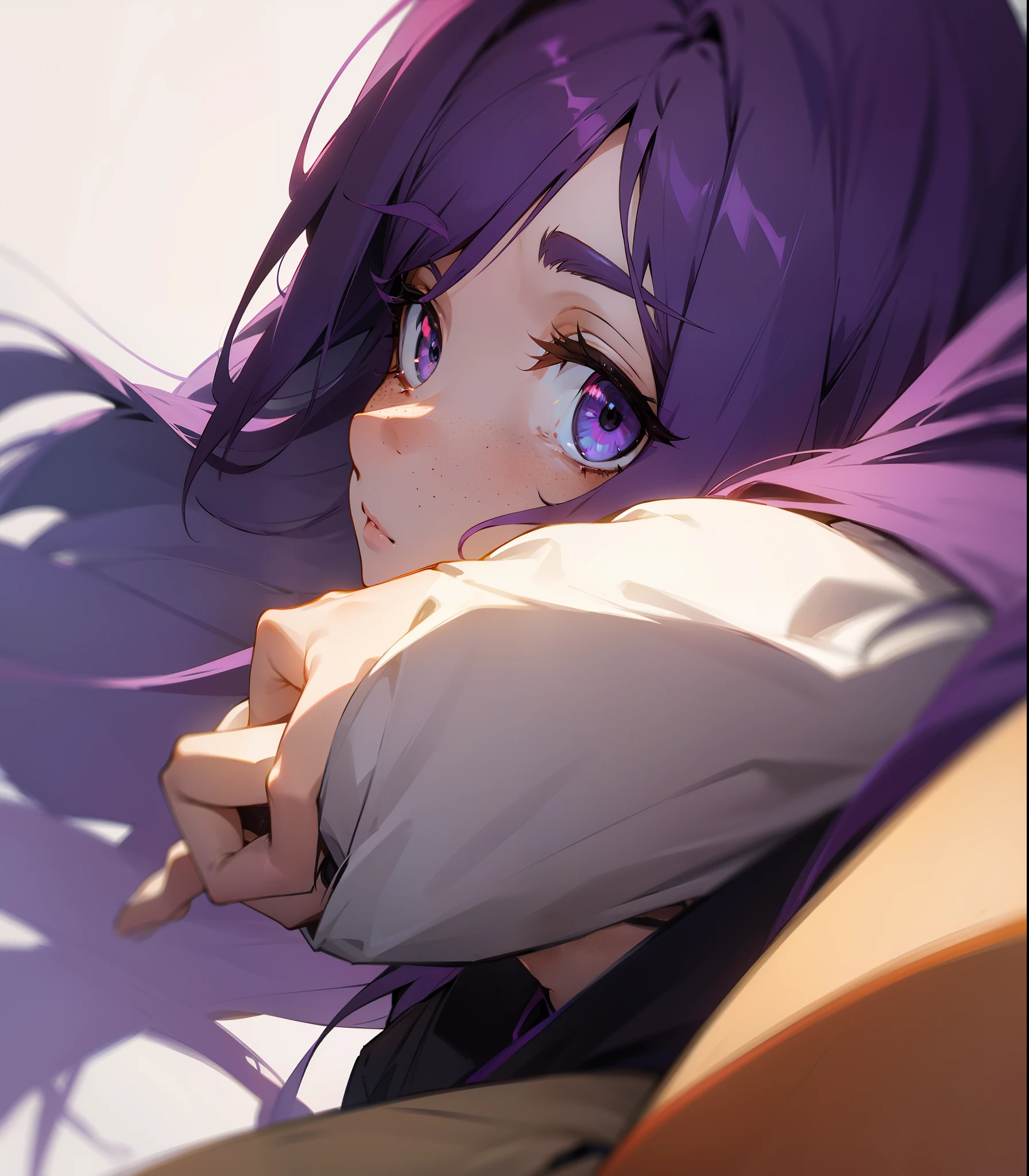 anime style, dark purple hair, grey eyes, freckles