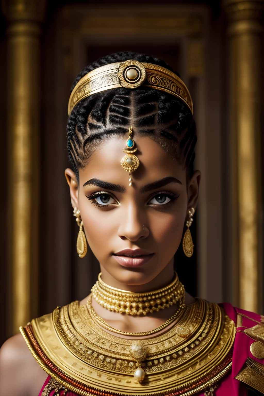 Cleopatra 7,Penteado grego,Roupas gregas,belos olhos detalhados,beautiful detailed lips,long eyelashes,postura graciosa,confident expression,vestido ricamente decorado,golden accessories,cocar elaborado,joias ornamentadas,cetro real,Palace in the background,Trono ricamente adornado,atmosfera serena,cores vibrantes,impressive lighting,fotorrealista,historical portrait of Cleopatra 7,master part:1.2