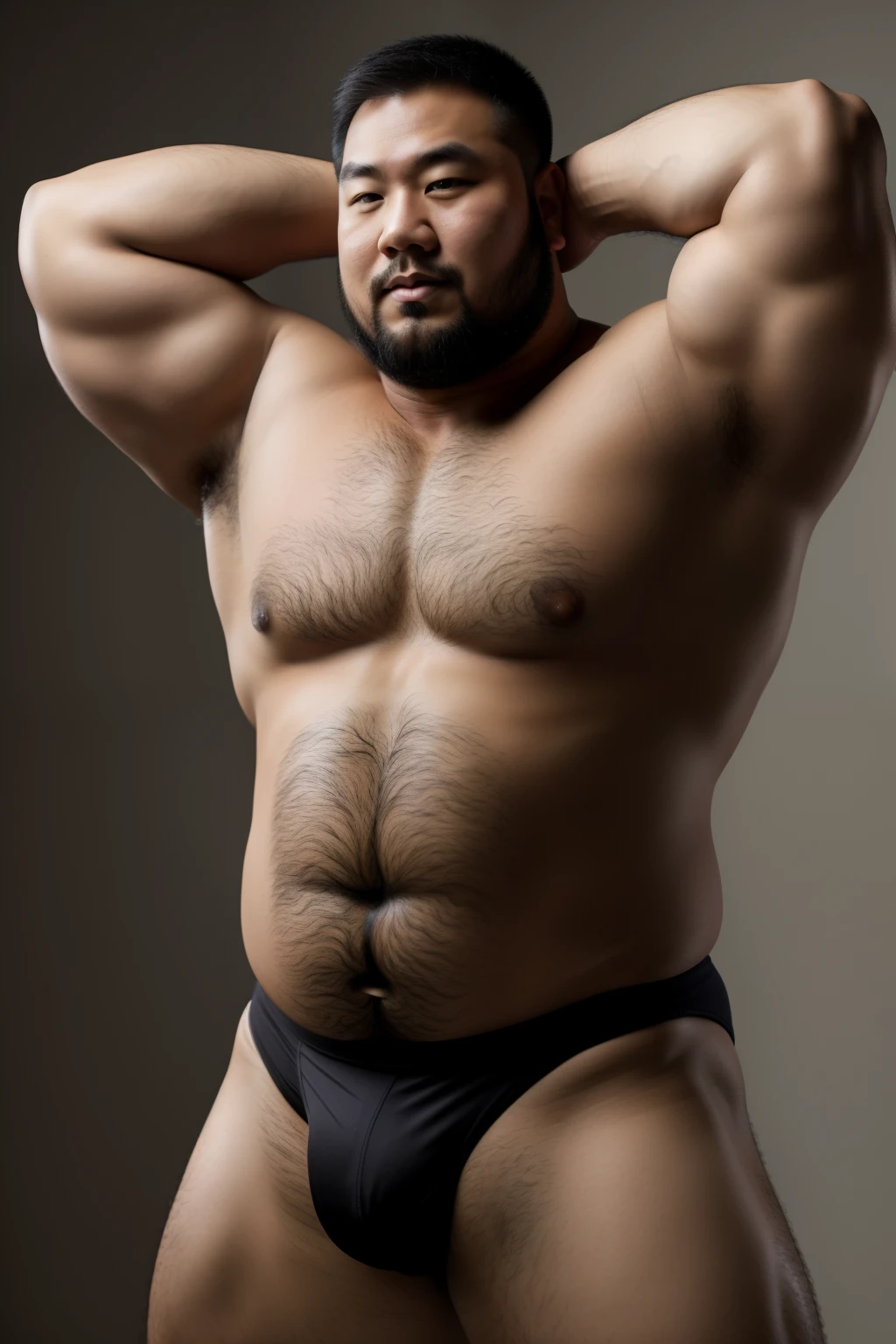 Asian people,Briefs,Lidhead of the pot,Thick body hair,Male muscular body,Clumsy medium shot,Frontal light,Muscular upper body,Fat belly,Strong and stout body,belly button showing,half man half asian black bear