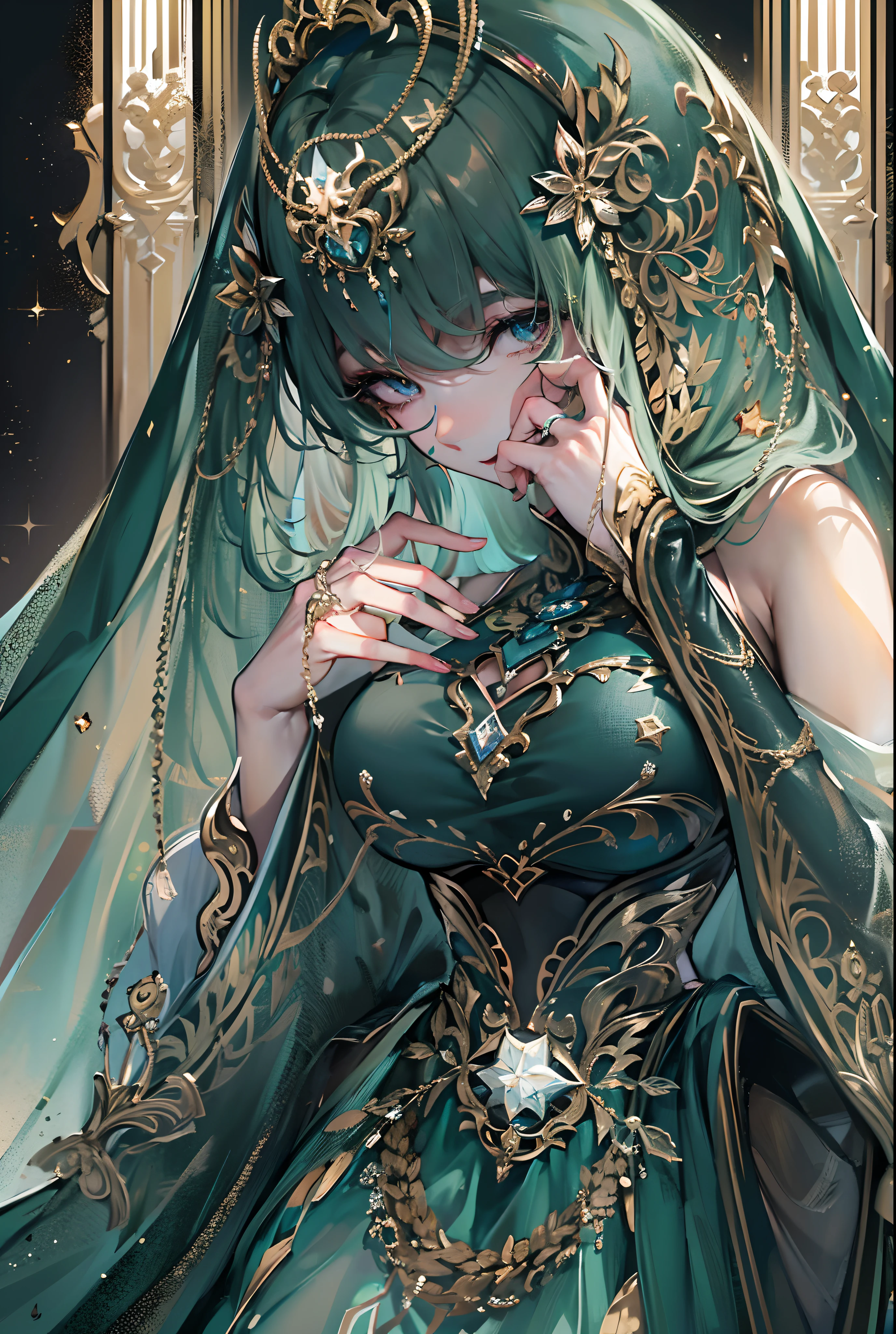 ((tmasterpiece)),(Best quality at best),(A half body),looks away,(ultra intricately detailed),(Highest definition),(8K),(Clean lines),(Perfect facial features,Perfect flesh),(offcial art),1Blittle girl,Great Magician,Star magic,Peerless beauty,magnificent robe,paleskin,authoritative,Dark blue style,Empty,Solitude,galactic,Have a keen insight into things,Extremely gorgeous,Bare shoulders,(A sexy pose),a throne,veils