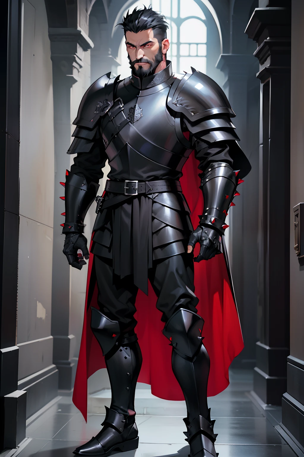 mature man, short black hair, long messy black beard, piercing red eyes, knight-general style clothing, wearing massive black chest armor, wearing black armor shoulders with spikes, wearing black armor gauntels, wearing black armor pants, wearing black armor boots, long red cape behind his back, standing tall in castle hallway, full body
