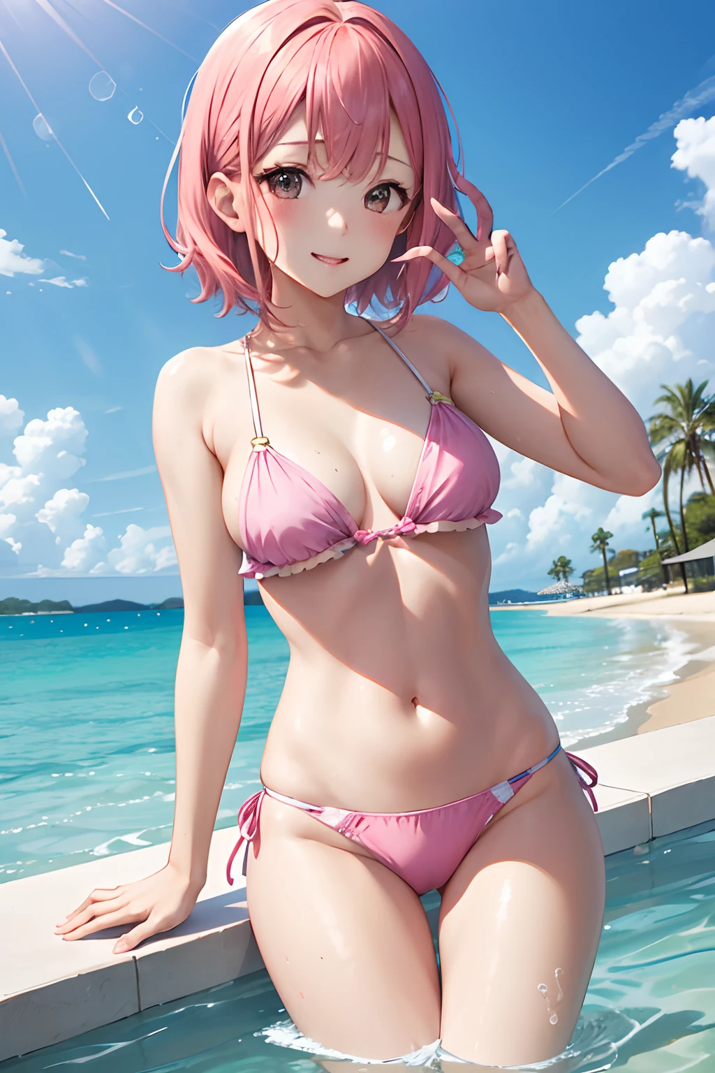 swim wears、hposing Gravure Idol、A pink-haired、absurderes、high resolusion、
1 girl in、