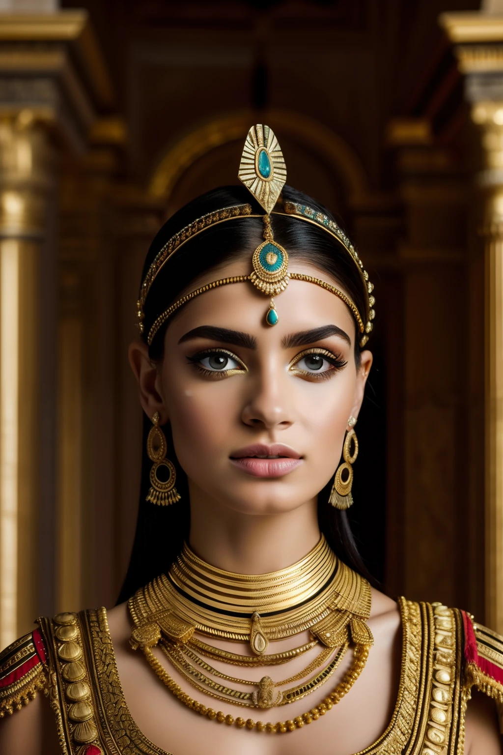 Cleopatra 7,Roupas gregas,belos olhos detalhados,beautiful detailed lips,long eyelashes,postura graciosa,confident expression,vestido ricamente decorado,golden accessories,cocar elaborado,joias ornamentadas,cetro real,Palace in the background,Trono ricamente adornado,atmosfera serena,cores vibrantes,impressive lighting,fotorrealista,historical portrait of Cleopatra 7,master part:1.2