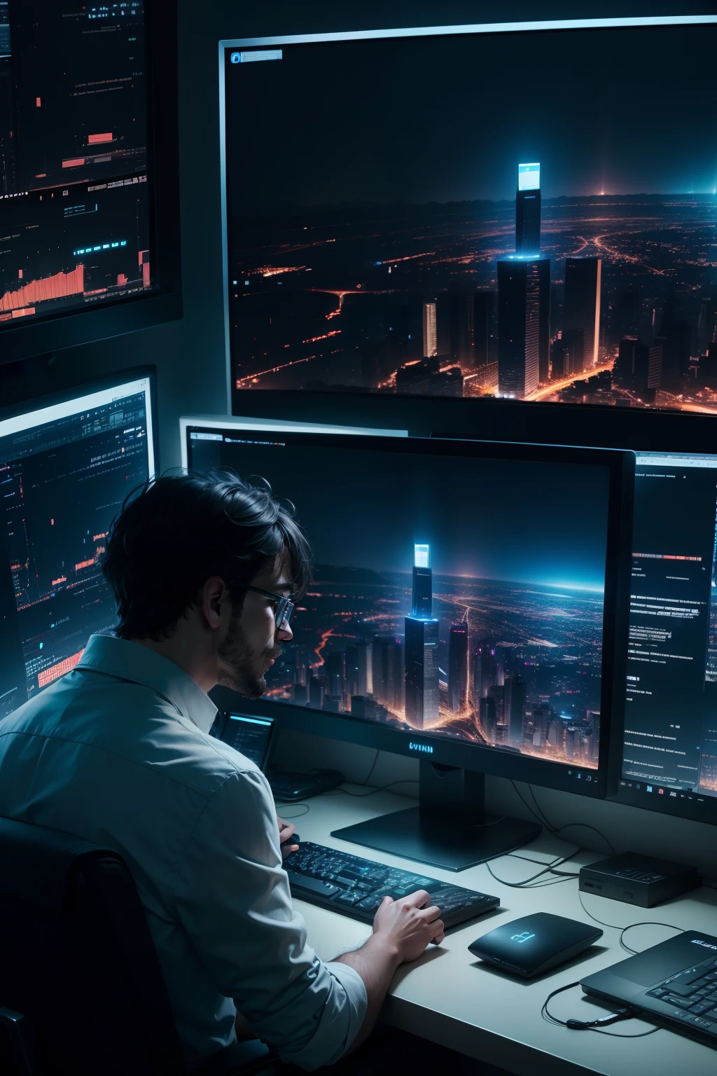 person working at a computer, coding python on wide screen monitor, at night time, staring out of at city night scape,