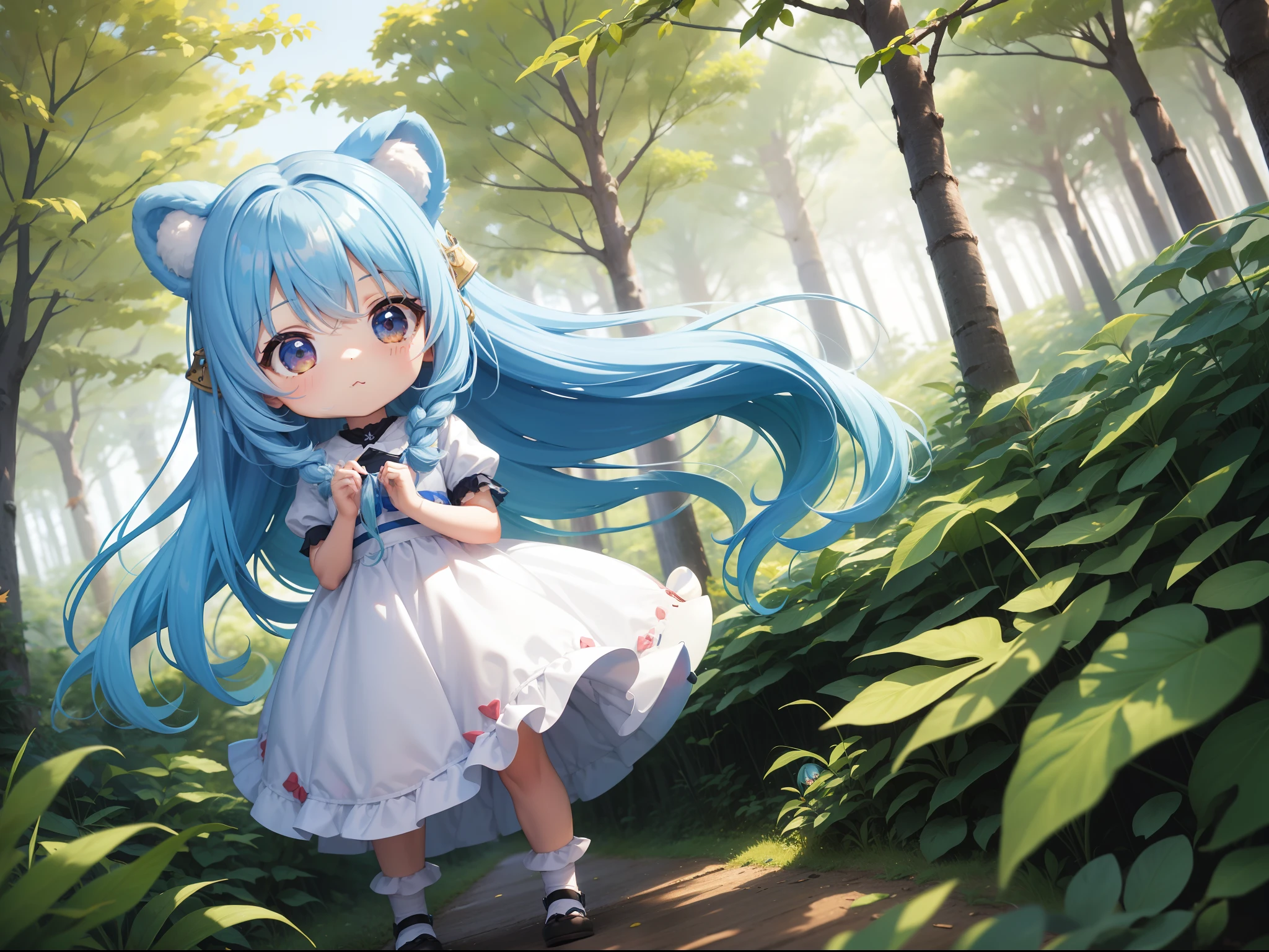 Chibichara long hair with blue hair((Chibi Chara))、Fluffy、girl with、Chibi Chara、full body Esbian、Pastel colors hair、masutepiece、top-quality、In the forest of autumn leaves、Cute bears are also with us。
