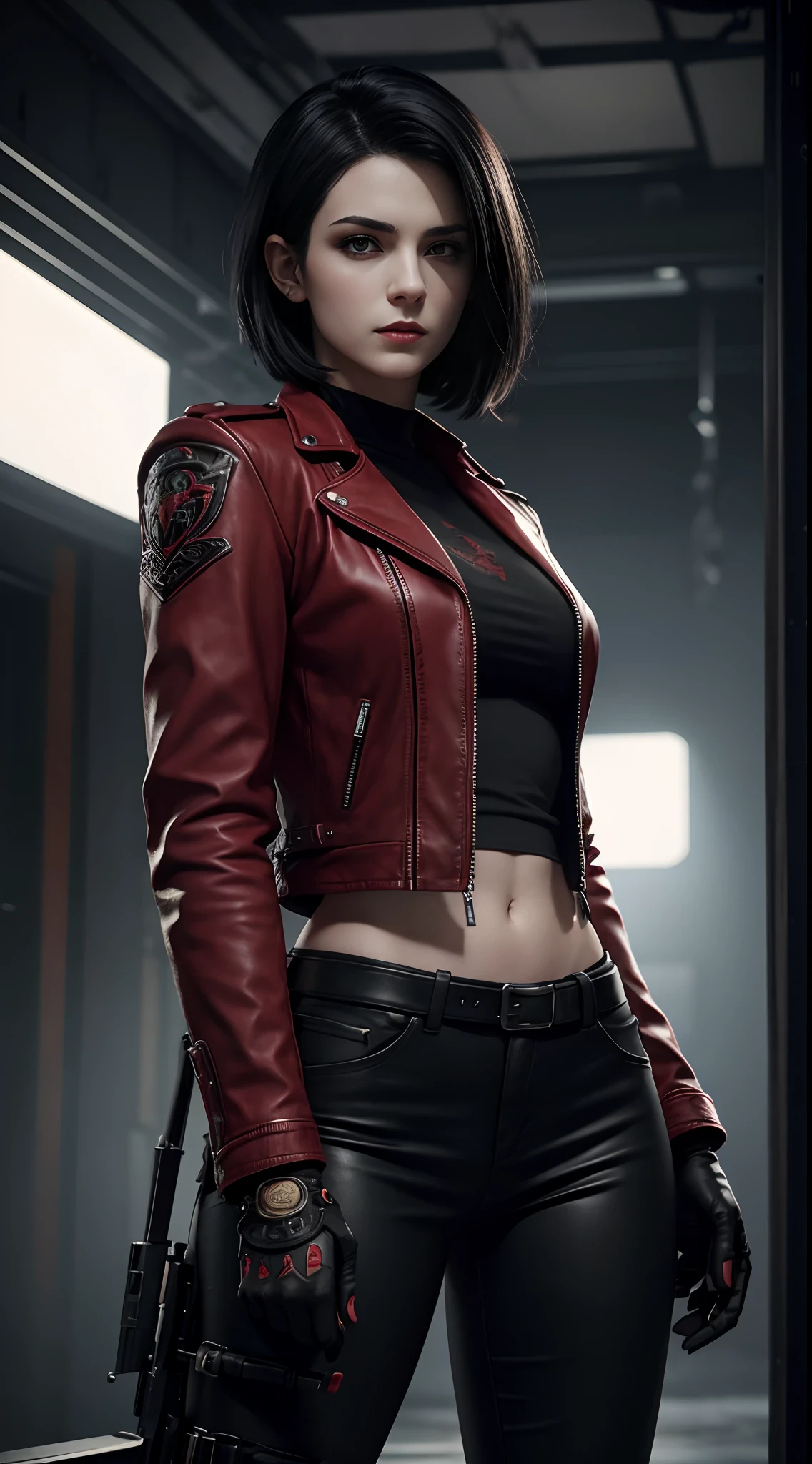 a beautiful 25 years old British female vampire mercenary with short black hair, pale skin, wearing red leather jacket and black tight pants, holding dual handguns, view from front, waist up shot, dynamic pose, ambient lighting, photo realism, intricate face detail, intricate hand details, highly detailed, vibrant colors, cinematic, high definition, trending on Artstation--style raw