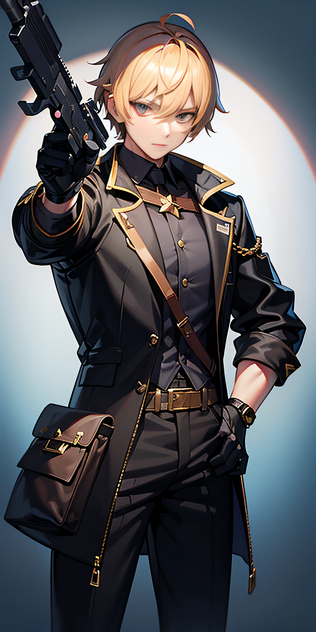 (masterpiece、top-quality)、Male VTuber、Man with a gun、a blond、ember、The muzzle is pointed at the front