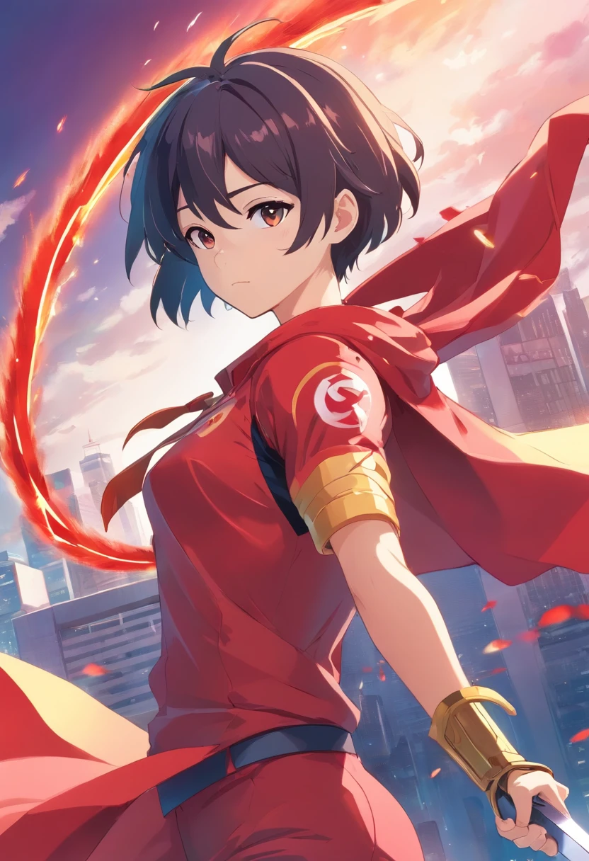 Communist man in superhero costume, capa vermelha, with a scythe in hand, 4k super detalhado, manga-style, Mangaka, Quadrinhos japoneses, muito detalhado, fundo com cores leves, Crisp character, Invincible style, perfil de meio corpo