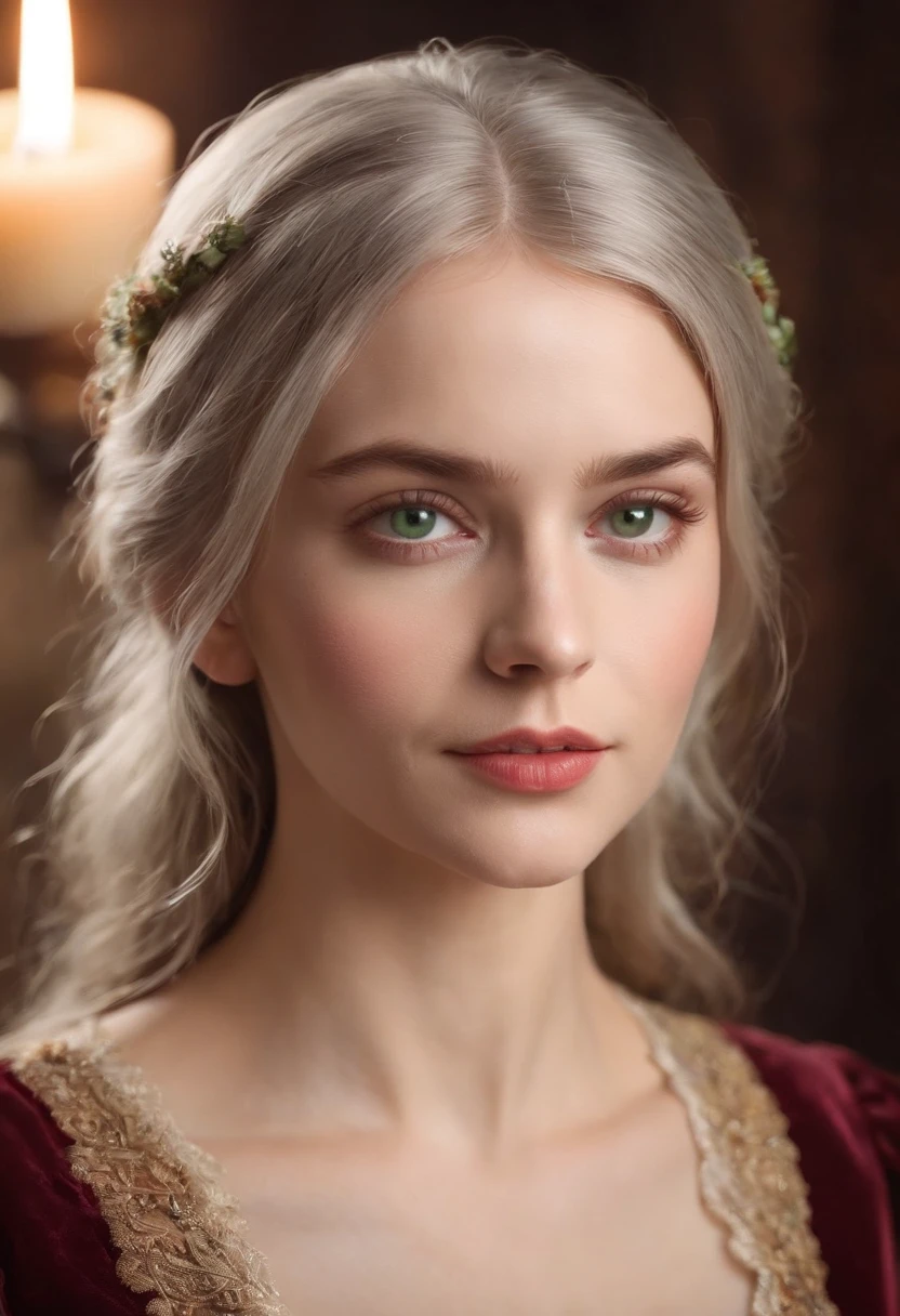 (((A deep reddish scar runs across her left cheek))) light skinned, Women around 19 years old, Natural gray hair, Distinctive green eyes, Wearing Cole, slender and graceful,, Beautiful, Candlelight in medieval atmosphere, Ultra Sharp Focus, realistic shot, Women's clothing in the Middle Ages, Tetradic color (Scar:1.4)