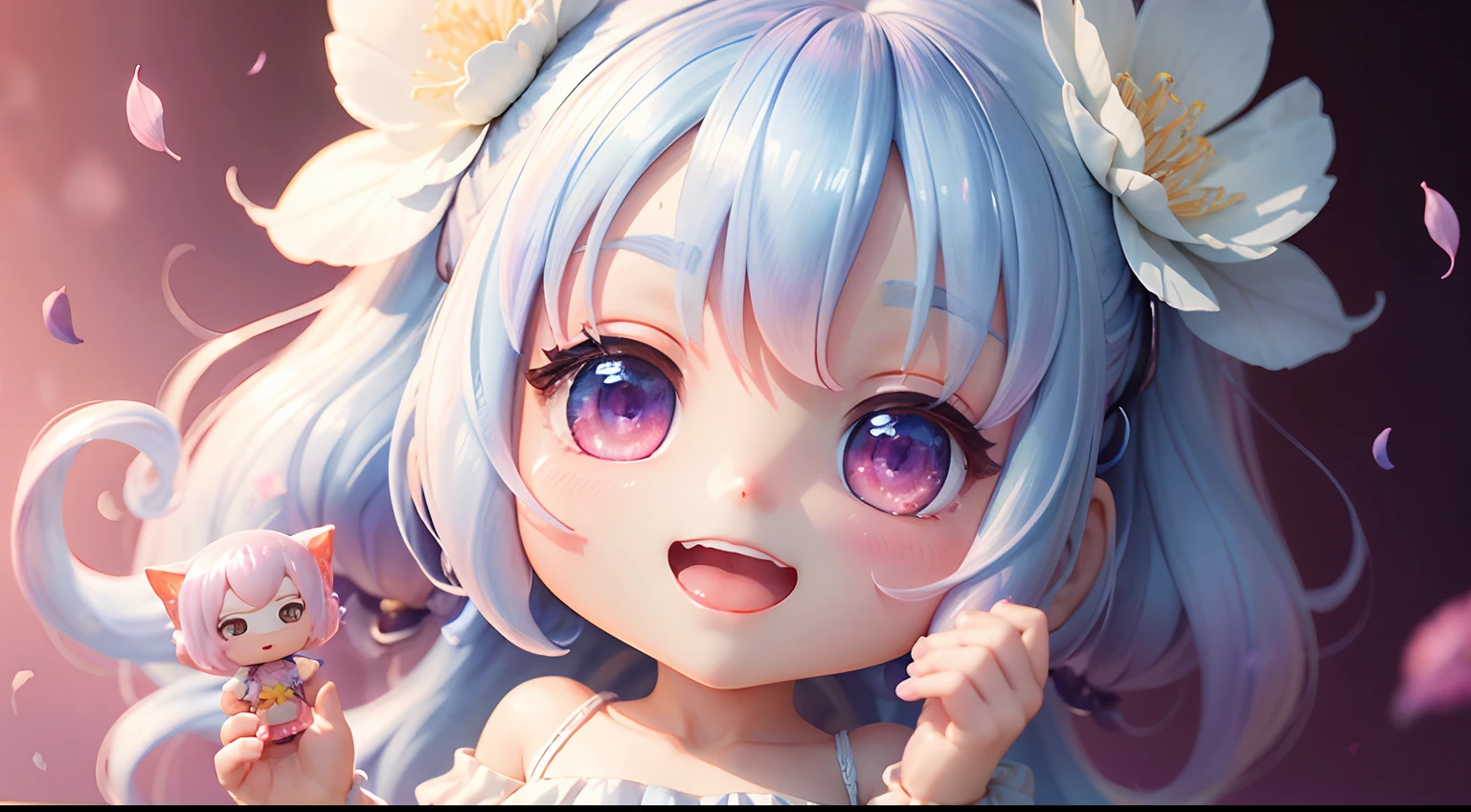 photoRealstic、1 Humanoid(nendroid)、Open mouth and big smile、watercolor Nendoroid、(High Definition Figure)、Flowing iridescent silk、Floral dress、Subtly add a heart shape to a photo、There are also flowers in front of the nendroids、flower petals、Please take a photo with the heart shape in mind