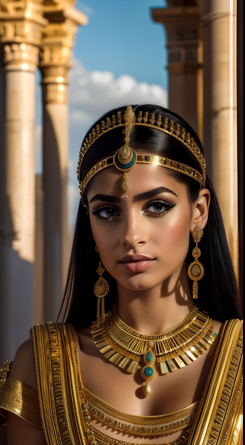 Queen Cleopatra,Roupas gregas,belos olhos detalhados,beautiful detailed lips,long eyelashes,postura graciosa,confident expression,vestido ricamente decorado,golden accessories,cocar elaborado,joias ornamentadas,cetro real,Palace in the background,Trono ricamente adornado,atmosfera serena,cores vibrantes,impressive lighting,fotorrealista,historical portrait of Cleopatra,master part:1.2