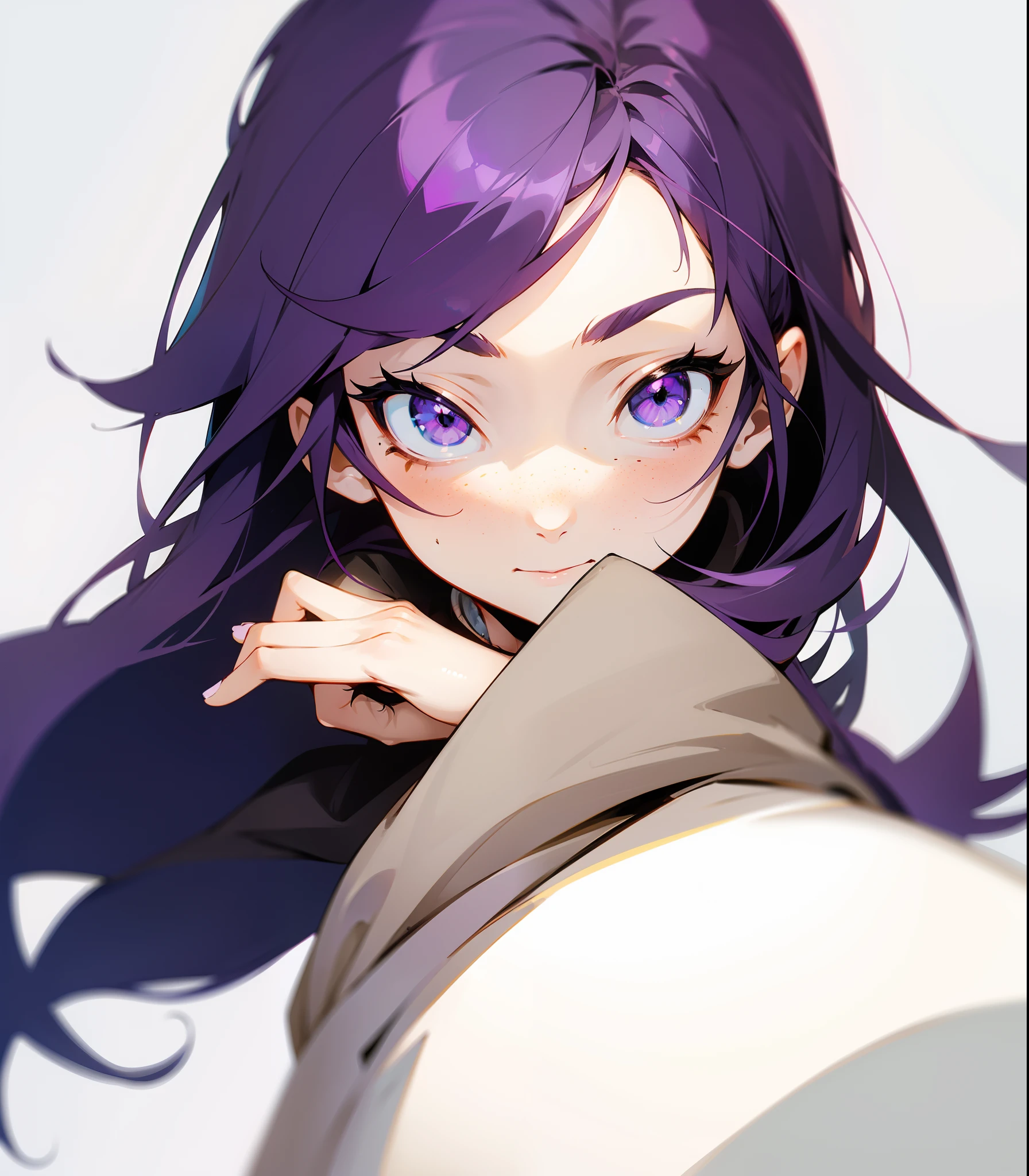 anime style, dark purple hair, grey eyes, freckles, simple drawing
