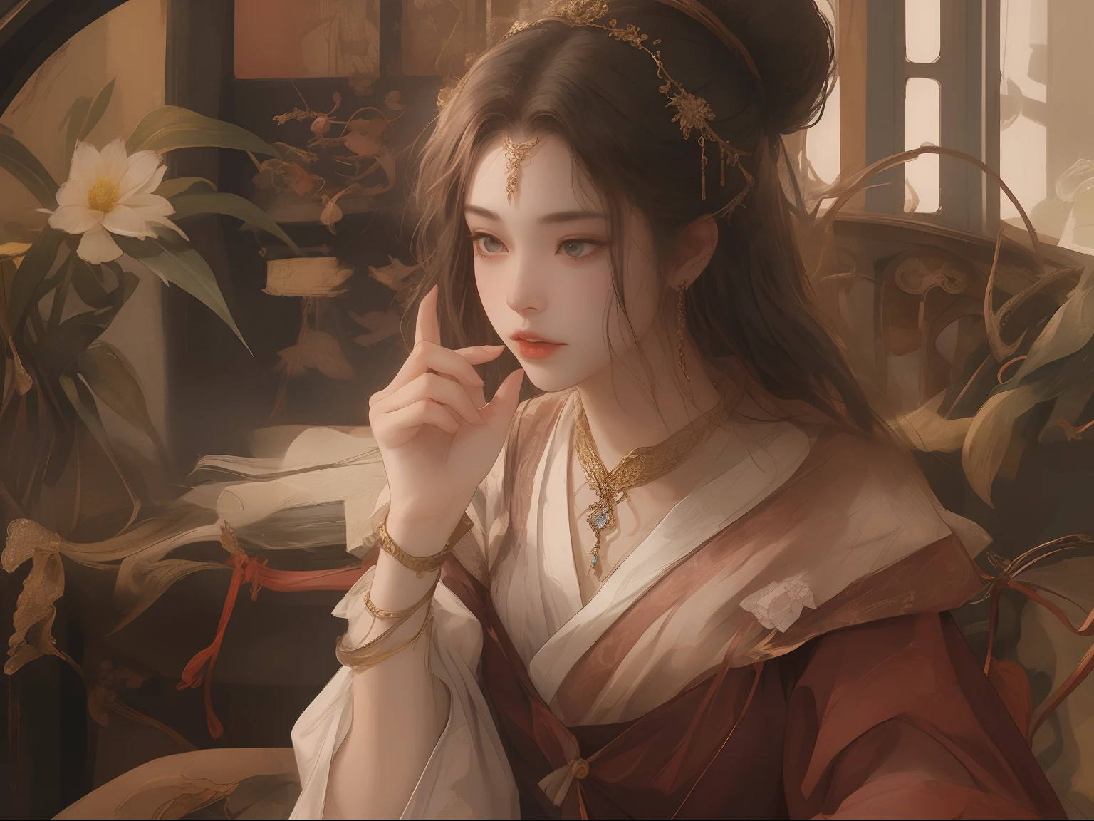 Best quality、tmasterpiece、A high resolution、1girll、Porcelain turtleneck dress、Delicate tulle garments、Delicate hair accessories、Fine Necklace、detailed jewellery、pretty face、Physically、Tyndall effect、realisticlying、Shadow Studio、edge lit、bicolor lighting、(highdetailskin:1.2)、(flatchest,smallunderboob)、8K Ultra HD、Digital SLR、softlighting、high high quality、volumettic light、sneak shot、photore、A high resolution、4K、8K、The background is blurred out,