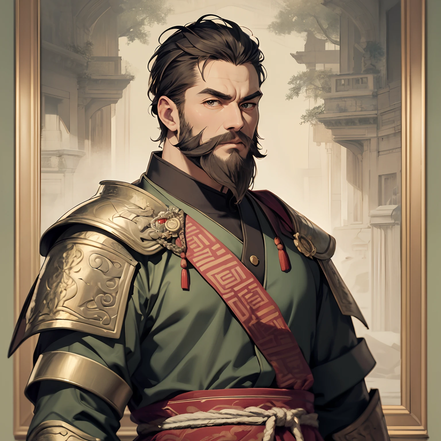 Absurd resolution, high resolution, (masterpiece: 1.4), hyper-detailed, ancient Chinese, short haired man with a beard (1.3), general in armor, inside the palace