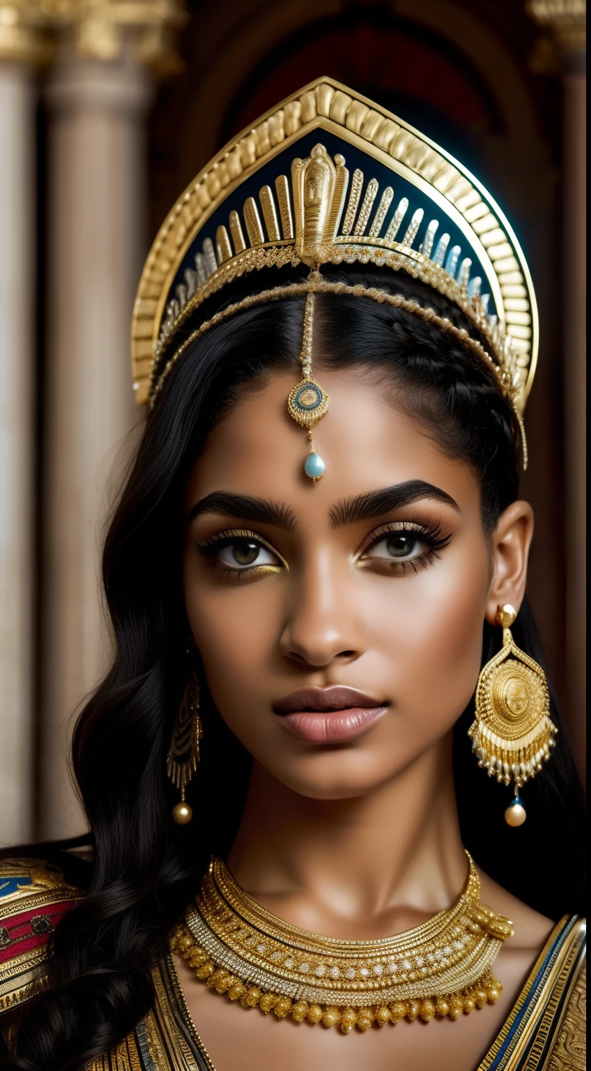 cleopatrah,Roupas gregas,pele branca,belos olhos detalhados,beautiful detailed lips,long eyelashes,postura graciosa,confident expression,vestido ricamente decorado,golden accessories,cocar elaborado,joias ornamentadas,cetro real,Palace in the background,Trono ricamente adornado,atmosfera serena,cores vibrantes,impressive lighting,fotorrealista,historical portrait of Cleopatra 7,master part:1.2