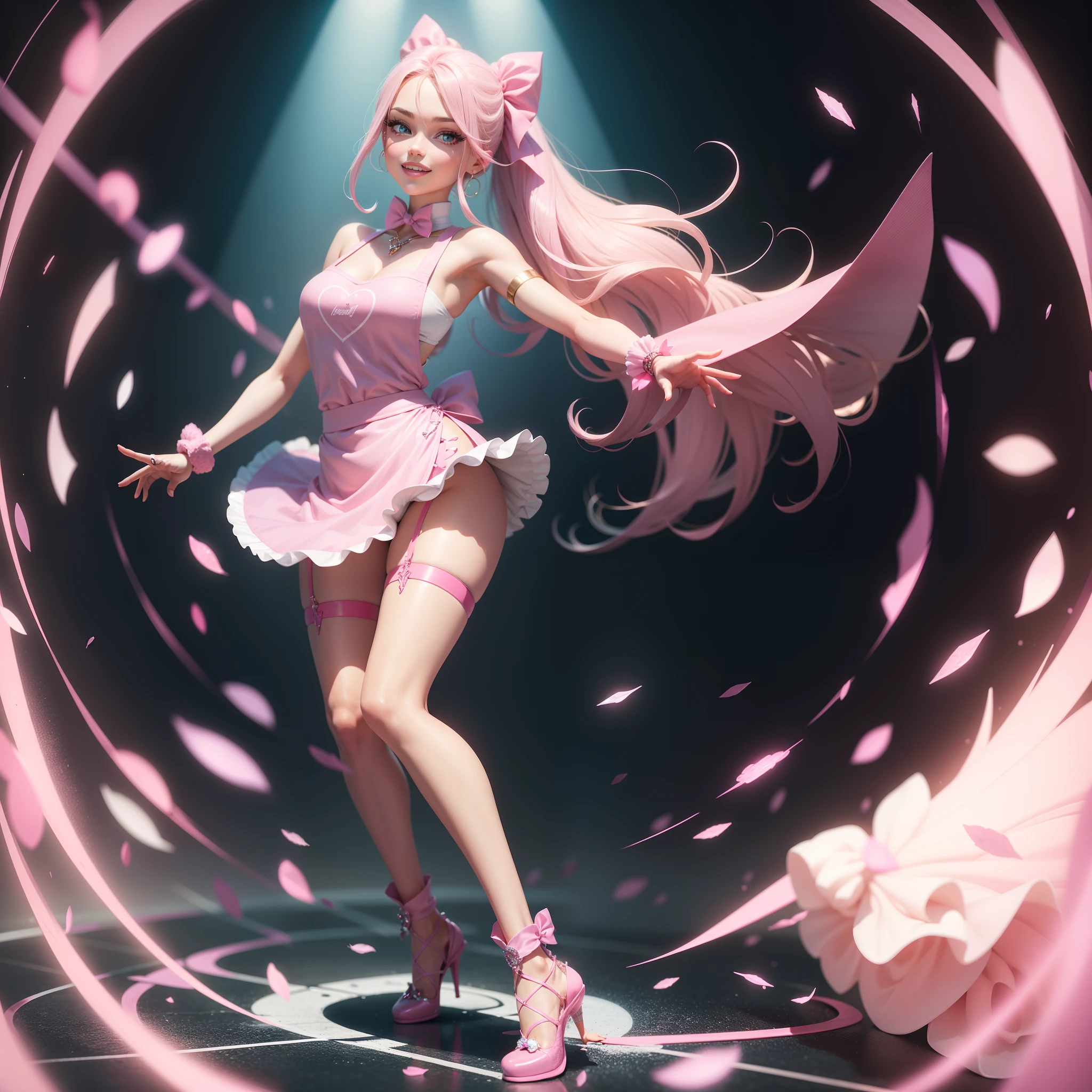 Barbie, ((Full body)), Blue eyes, Smiling face, Hair loss swaying in the wind, Hip Hop Singer Pose, Dressed in hip-hop style, Wearing a pink apron that reflects light,swarovski,pasties,With a pink bow on the arm, Fashion, Extremely high quality, high details, 8K, clean back ground, in studio, ((Full body shot)),Align your fingers neatly,Accurate Hand Modeling,wave her hand,