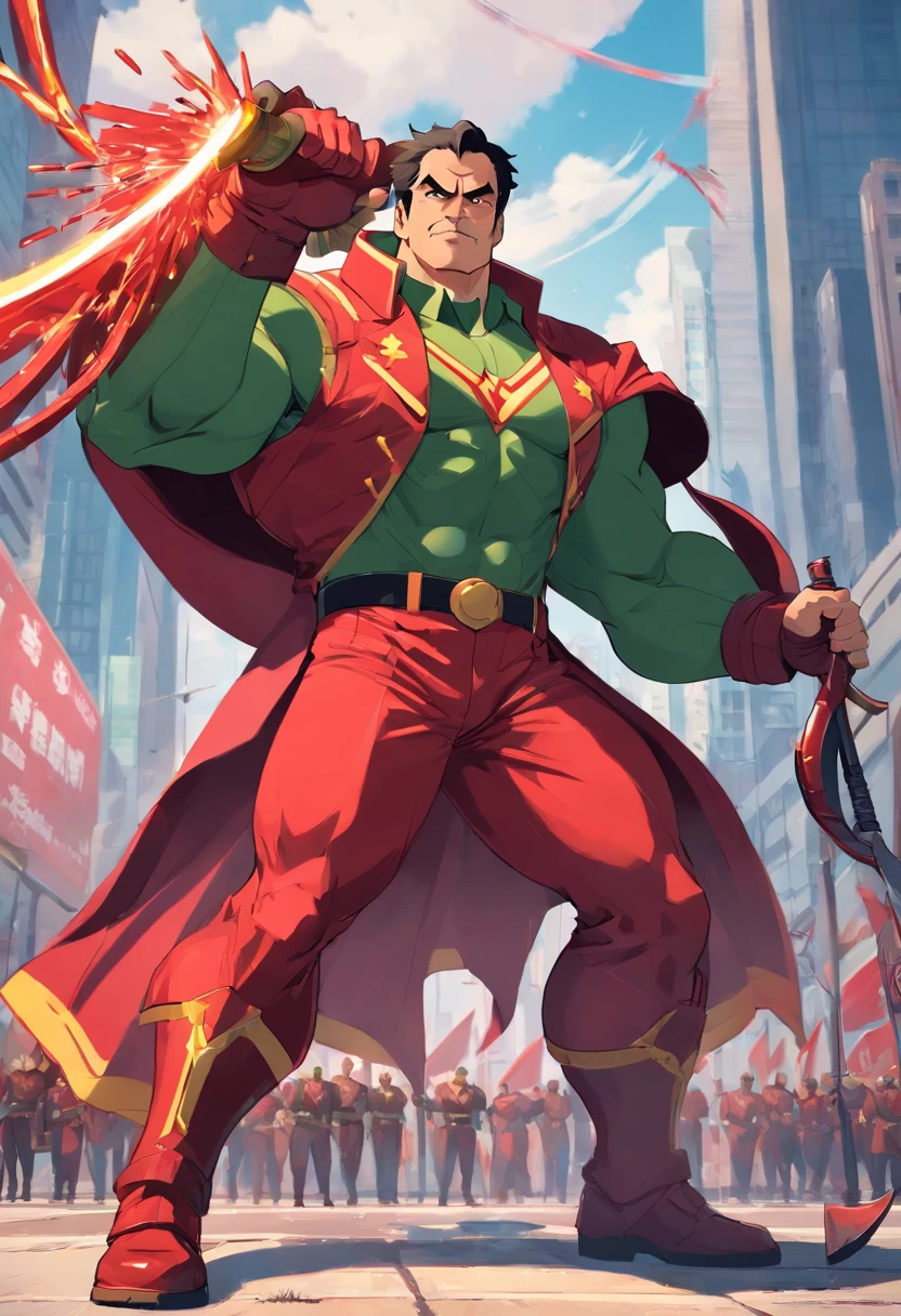 Communist strongman in superhero outfit with a black military beet, with a scythe in hand, e um bigode grande, pose perfil, super detalhado, alta resolução