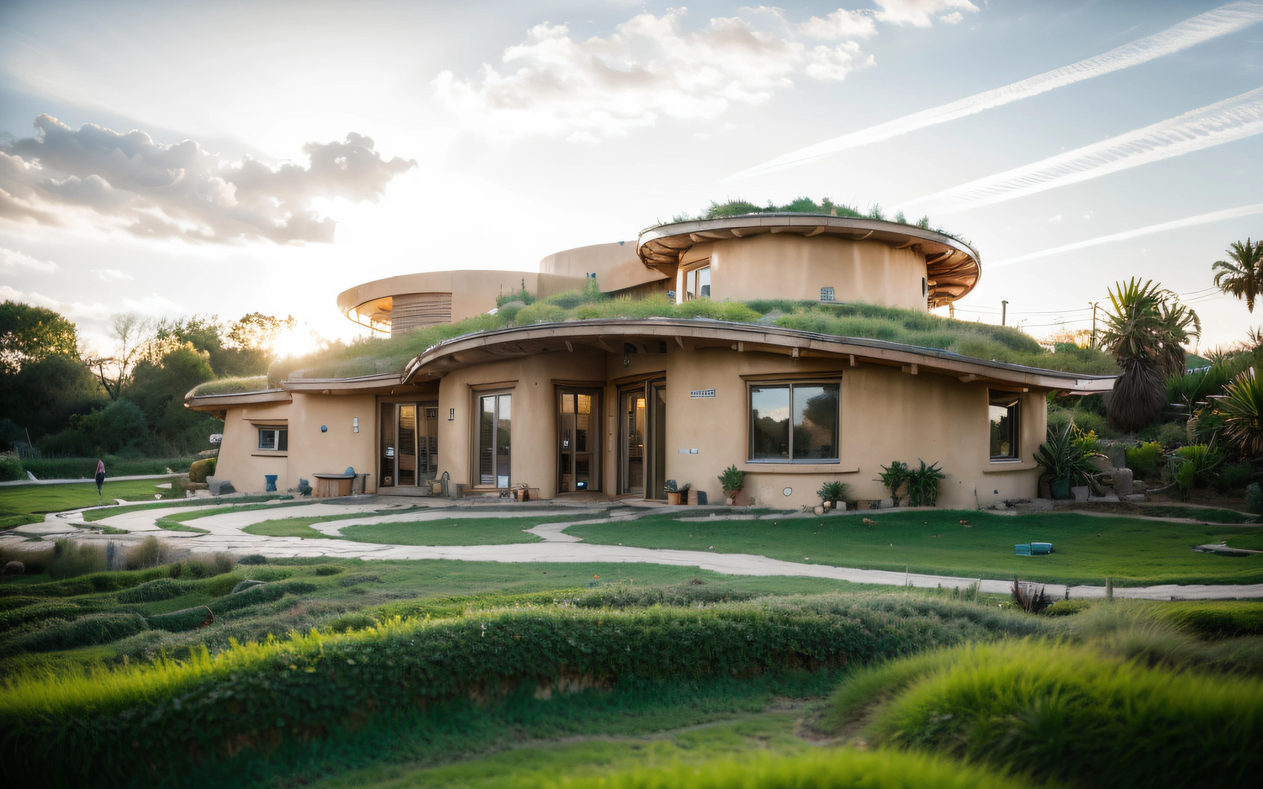 A photographyof a imposing symetric contemporary modern hobbit sigle storey house with a organic curved angular rounded corners walls in tropical backyard, plaster (((rustic mud stucco santa fe style))) and a (((wave shape greenroof with a wood edge))), (((wood and rake fascia roof))), eaves, porch, ((timber frame roof)), in the bali (((tropical garden))), ((rounded corners walls)), ((rustic mud plaster)), (((curved organic rounded corners walls))), (((rustic earth plaster, mud clay stucco))), natural houses, bali style, Organic Buildings, Organic Architecture, Ecovillage, Sustainable Architecture, Biobuilding, Solarpunk Architecture, (((Grass Roof, Green Roof, Green Wave Roof, Rounded Roof, vegetated roofs))), green architecture, Passive house, Rock Foundation, clean sky in background, Interdimensional Villa, a painful beauty, organic architecture, green house, Super Resolution, cinematic, color grading, editorial photography, photography, Photo Shoot, (((front eye top angle view dramatic))), Spring 50mm, Depth of Field, Intricate Details, Natural Colors, Sharp Focus, Warm Light, Shutter Speed 1/1000, F/22, White Balance, Ray Trace Reflections, Lumen Reflections, Screen Space Reflections, Diffraction Classification, Chromatic Aberration, GB Offset, Partial Illumination, Backlight, Natural Illumination, Sweep Lines, Ambient Occlusion, Anti-Aliasing, Shaders, OpenGL-Shaders, GLSL-Shaders, Post Processing, Post Production, The Shading, Tone Mapping, Insanely detailed and intricate, hypermaximalist, elegant, hyperrealistic, super detailed, dynamic pose, Fujifilm XT3