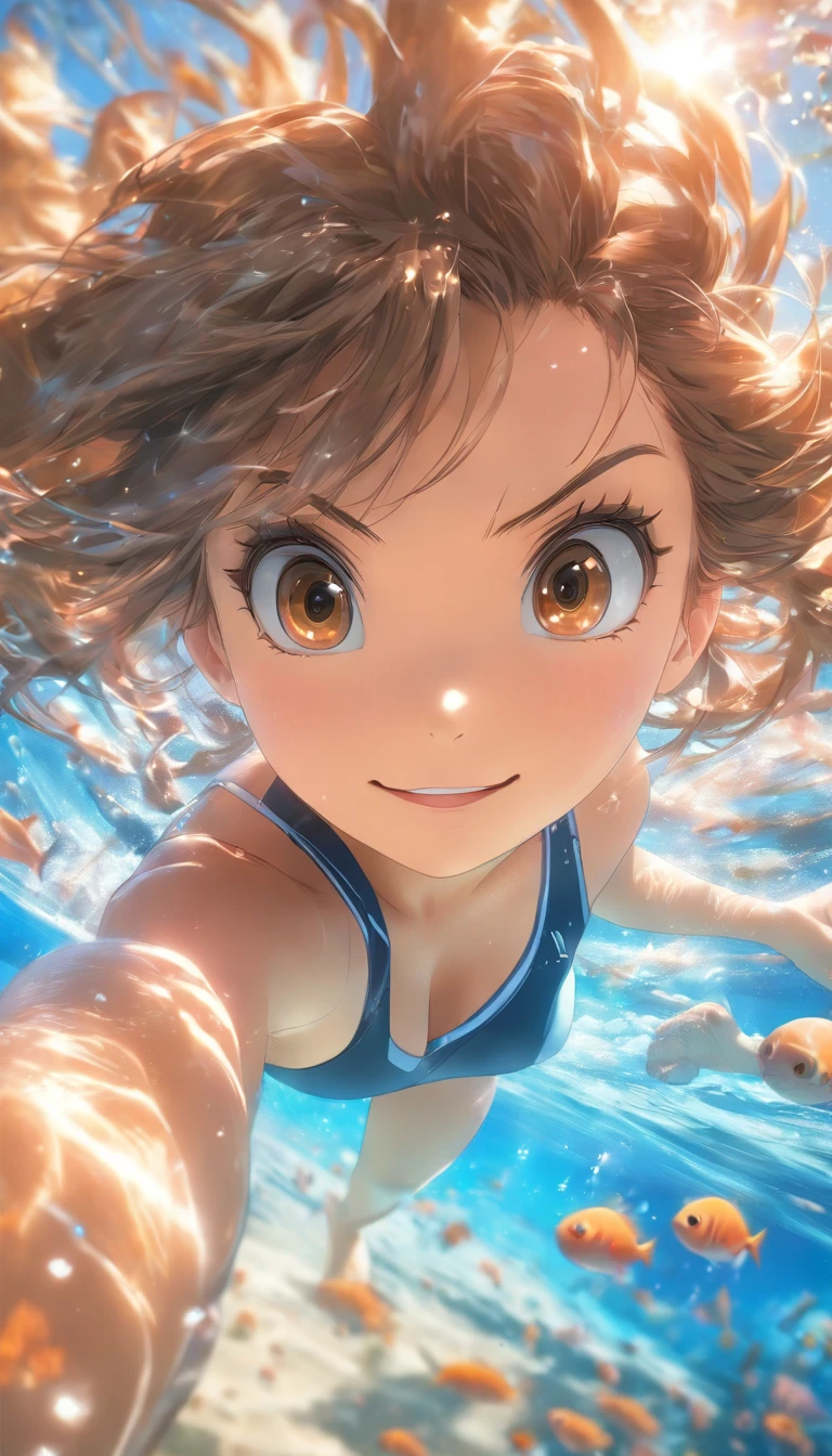 (best quality,4k,8k,highres,masterpiece:1.2),ultra-detailed,(realistic,photorealistic,photo-realistic:1.37),foreshortening,depth of field,1girl,brown hair,brown eyes,long hair,underwater,air bubble,solo,looking at viewer,school swimsuit,swimming,dappled sunlight