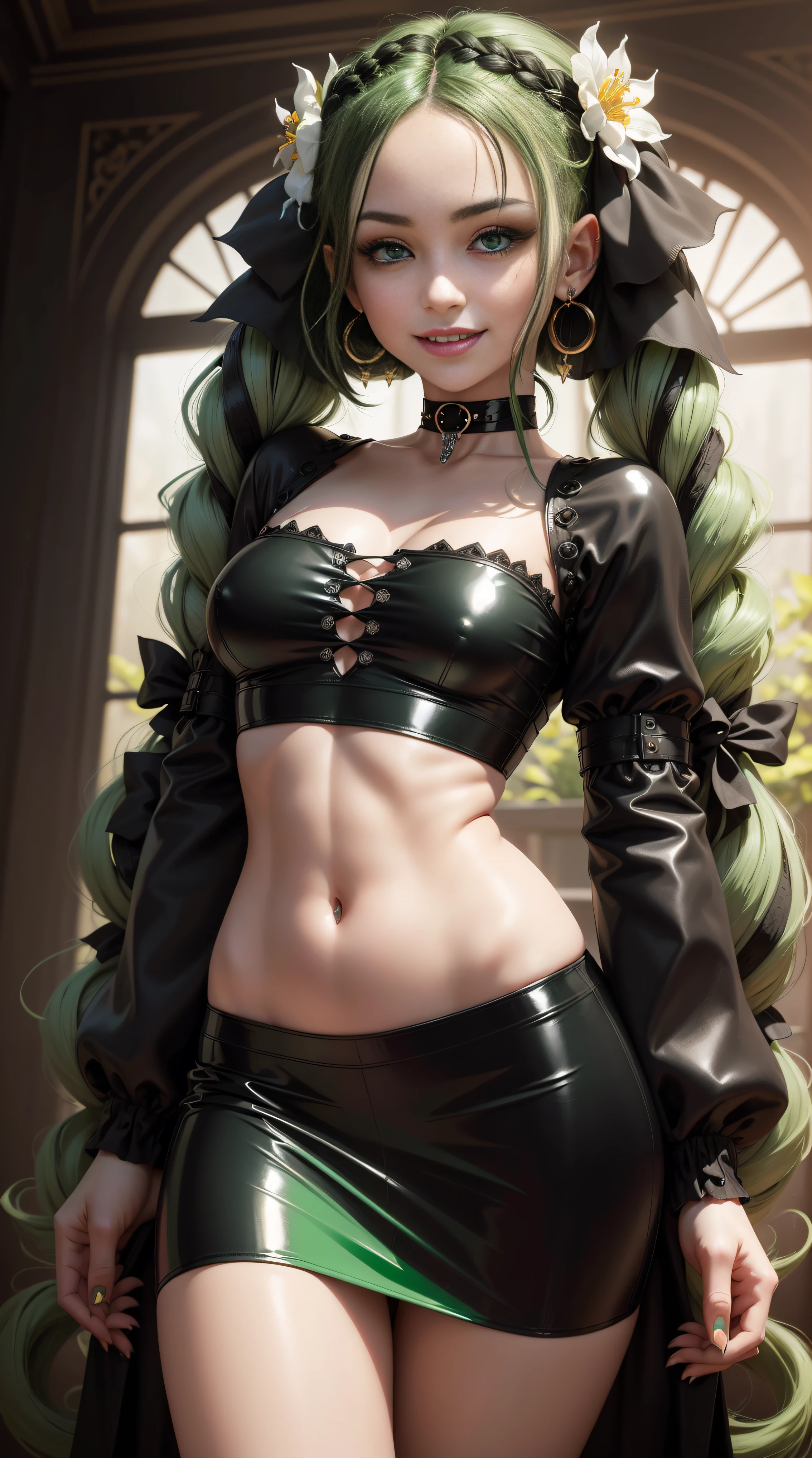 BLACKLIGHT, ((NSFW)), realistic art, extremely delicate and beautiful, ultra-detailed, (1girl), blue eyes, floating, detailed light, illustration, dynamic angle, depth of field, ((((milf)))), girly, long hair, ((green and black hair, multicoloured hair, green highlights hair, twin tails, hair ornament, hair flower, flower, makeup, braid, smile)), vampire eyes, showing fangs, pale white skin, (((Black Latex Long Sleeve Crop top, Black Mini Skirt, long hair, navel, choker, smile, jewelry, earrings))), (ultra high res, best quality,), (8k, raw photo, best quality, masterpiece), technological sense, best quality, masterpiece, illustration,CG ,unity ,wallpaper, official art, Amazing, finely detail, an extremely delicate and beautiful,extremely detailed, highly detailed, sharp focus,rich background, (real person,photograph), ((high detailed skin)),