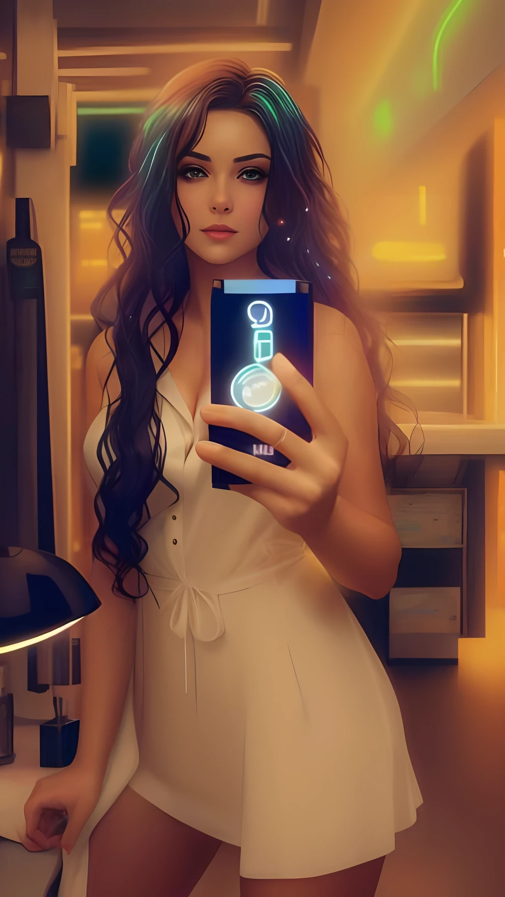 arafed woman in a white dress holding a cell phone, she is holding a smartphone, goddess checking her phone, digital art of an elegant, digital art #oneshotgame, dreamy cyberpunk girl, checking her phone, stylized digital art, digital art ilya kuvshinov, artwork in the style of guweiz, chell from portal, mirror selfie