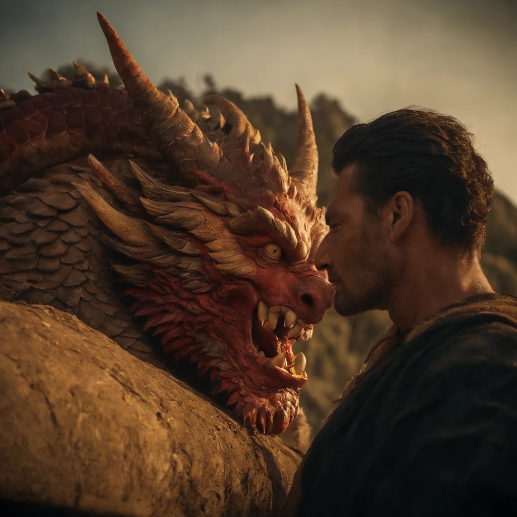 Tenryu Dourado,Rough red eyes,Close-up release of fire blood from the nose,Chest scales,alta qualidade,8k,muitos detalhes,Alface de fogo,Infelizmente,4 pernas,Garras manchadas,Ouro,Perigos,fires,dentes pontiagudos,big dragon,imensidade,Threatening,imponente