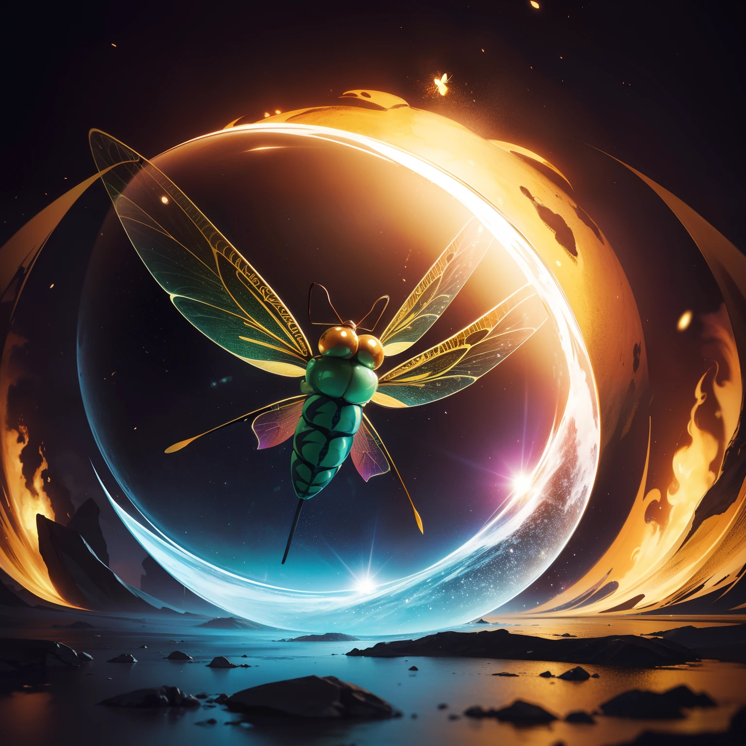 8K, best quality, photo realistic, highly detailed, mythical, a dragonfly flying through a wormhole, psychedelic coloring, out of frame