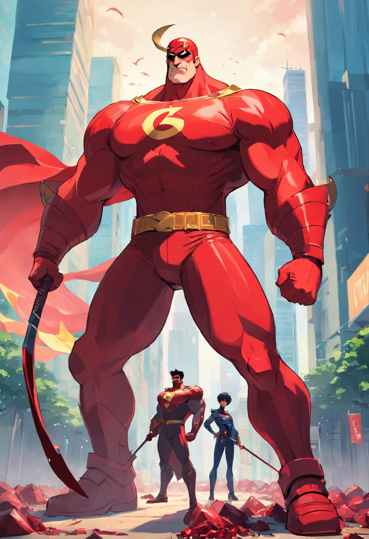 Communist strongman in superhero outfit with a black military beet, with a scythe in hand, e um bigode grande, pose perfil, super detalhado, alta resolução