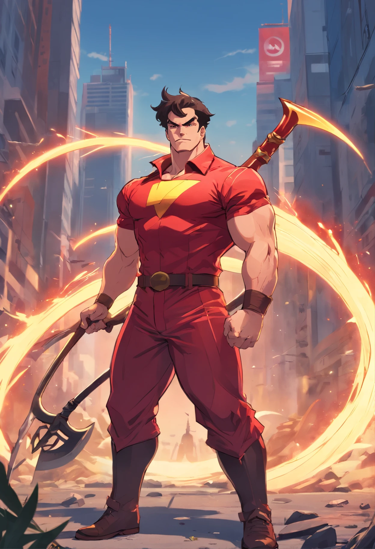 Communist strongman in superhero outfit with a black military beet, with a scythe in hand, e um bigode grande, pose perfil, super detalhado, alta resolução