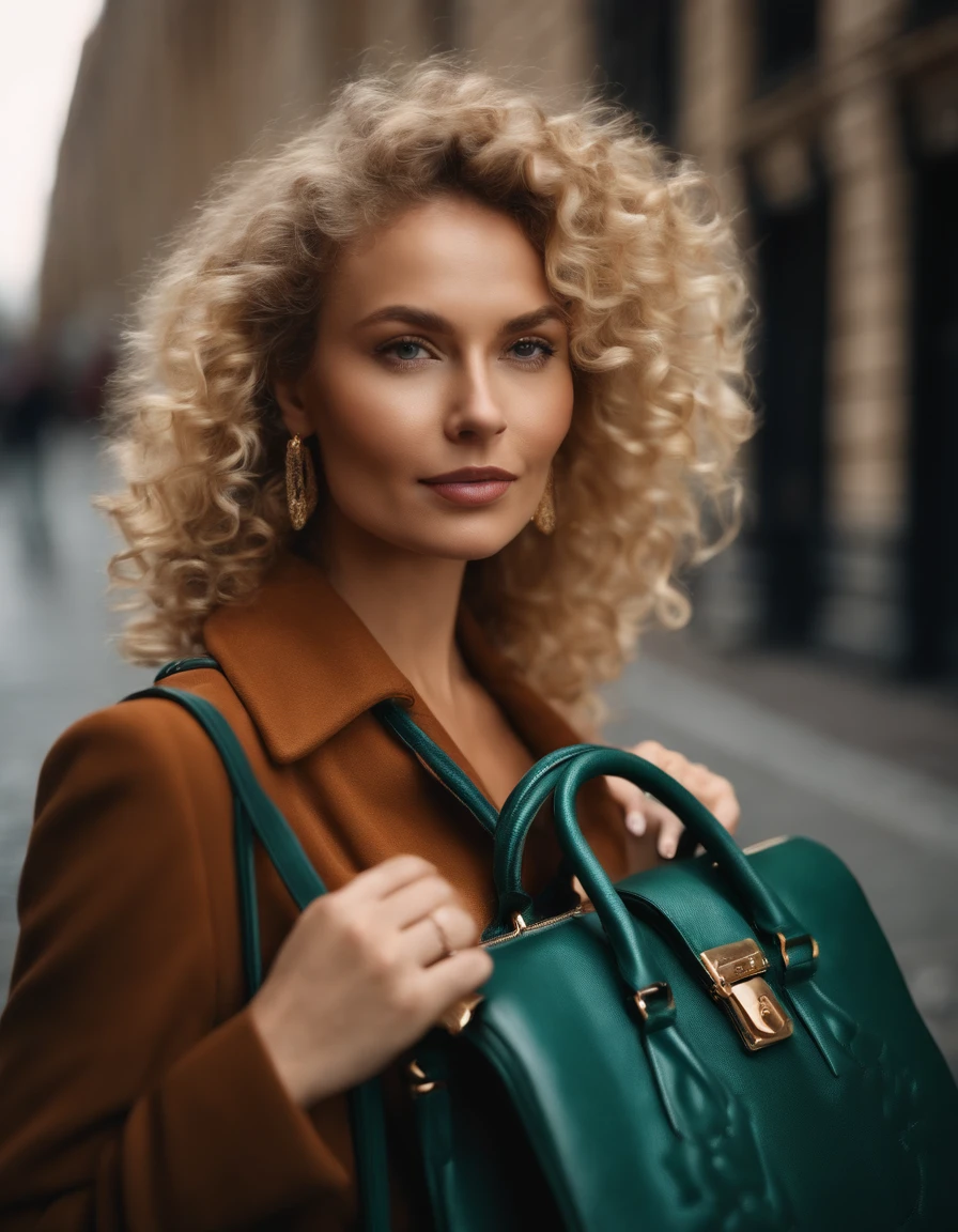 blonde woman with curly hair poses on the street, handbag, photo taken with provia, in the style of ultrafine detail, high quality photo, 105 mm f/2.4