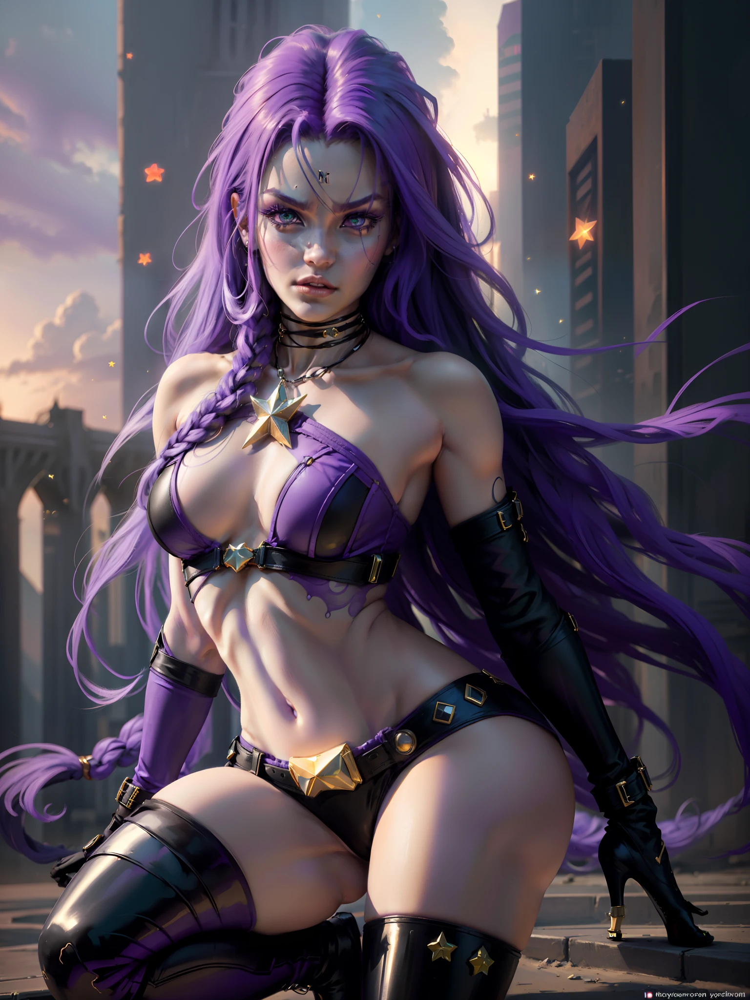 (New York :1.5), (tiem square :1.5)Starfire, whose real name is Koriand'r, is a DC Comics character and member of the Teen Titans. She is an alien from the planet Tamaran and has a unique physical appearance and perfect clear pretty face: Physical appearance: Koriand'r has an exotic appearance and physical characteristics that distinguish her as a Tamaranean: Skin color: Her skin is orange, a reddish tone and orange characteristic of their alien race. This is a notable feature that makes it easily recognizable. HAIR: Koriand'r has long, wavy purple or violet hair that falls to her shoulders or back. Eye: Her eyes are usually portrayed as green, and they can emit a green glow when she uses her powers. Height and Physical Shape: She is tall and slender, with an athletic figure that reflects her superhuman strength and ability to fly. Typical outfit: Starfire's costume is quite iconic and reflects her alien origin and star powers: Bodysuit: She wears a bodysuit that covers her entire body. The costume is usually in (purple or black color :1.5) and has star-style details in green or gold. The bodysuit is often decorated with a star on the chest, which is a striking feature. Boots and Gloves: Starfire wears knee-high boots and gloves that match her look. These boots and gloves also often have stellar details, like stylized stars or sparkly patterns. Shovels: She usually wears a belt that can be decorated with a star as a buckle. hair: she usually wears her hair long, which adds an additional touch of exoticism to her look. (Minimal clothing: 1.5), (large breasts: 1.3), (hanging breasts: 1.5), (disproportionate breasts: 1.4), (realism:1.5), (Realisitc:1.4), (Absurd:1.4), 8k, ultra- detailed, detailed handsome man, (only:1.4), 1girl, (Viewer facing:1.2), Intricate body details, (Curvy:1.3),(short:1.3