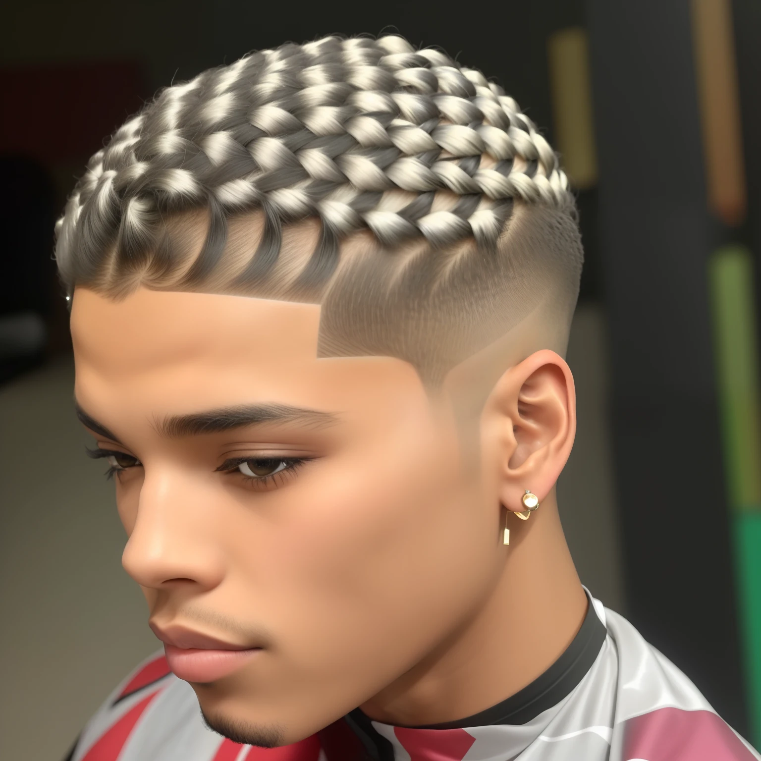 um close up de um jovem negro 18 anos, magro corpo musculatura definida, sem camisa, com um corte de cabelo, white black fade braided hair, Corte de cabelo da tigela, sharp highlights, Cabelo zumbido no templo, No estilo de Tyler Mitchell, afro futurista, designs de cabelo exclusivos, penteado futurista, corte buzz, detailed and sharp, Cabelo quadriculado com pontas, diversos cortes de cabelo, tapered hairline