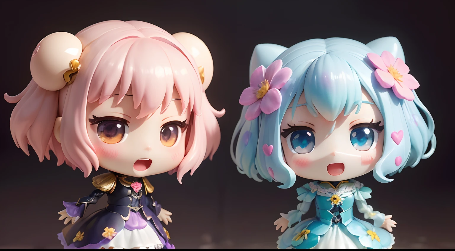 photoRealstic、1 Humanoid(nendroid)、Open mouth and big smile、watercolor Nendoroid、(High Definition Figure)、Flowing iridescent silk、Floral dress、Casually add a heart shape to a photo、There are also flowers in front of the nendroids、flower petals、Please take a photo with the heart shape in mind