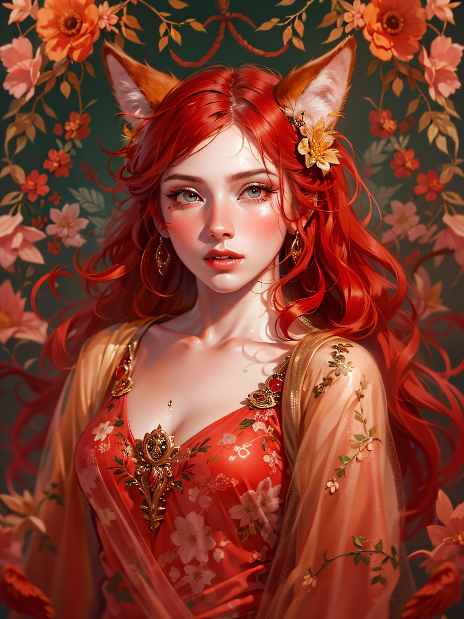 Beautiful scarlet wolf girl, Arnouveau style, fondness, wolf ears, red hair is long, sunlight rays, airiness, grace, Floral ornament, chiffon, Silk, Correct eye proportions, expressive eyes, long eyelashes, plump wet lips, Texture skins for the face, A lot of air, higly detailed, Doubleexposure, 30 thousand..........., hyper realisitc, Hi-Def, soft-lighting