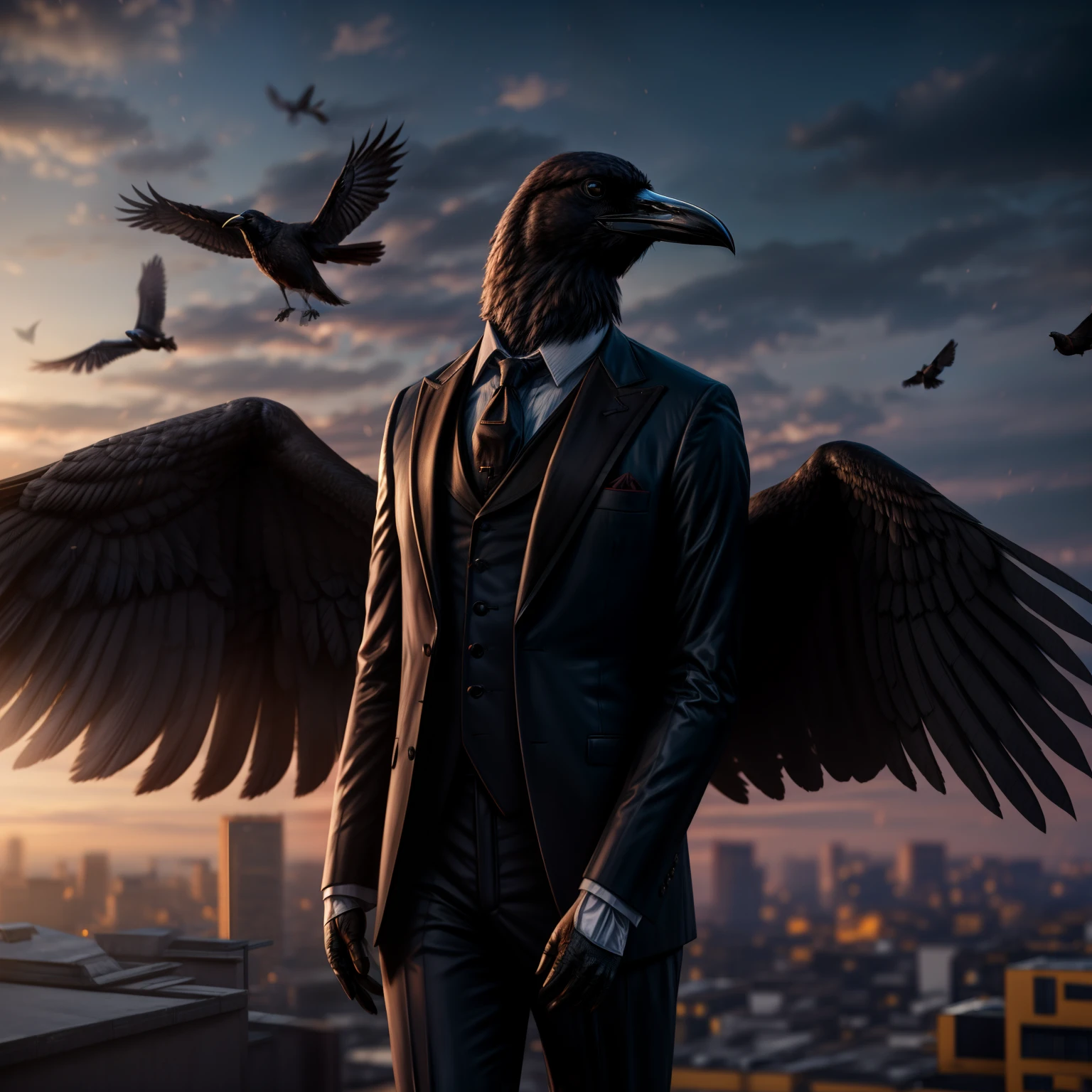 photo realistic, 8K, cinematic lighting, highly detailed, depth of field, bokeh, (anthropomorphic:1.3), crow in suits, wings, on roof, wide shot, scenery, full body