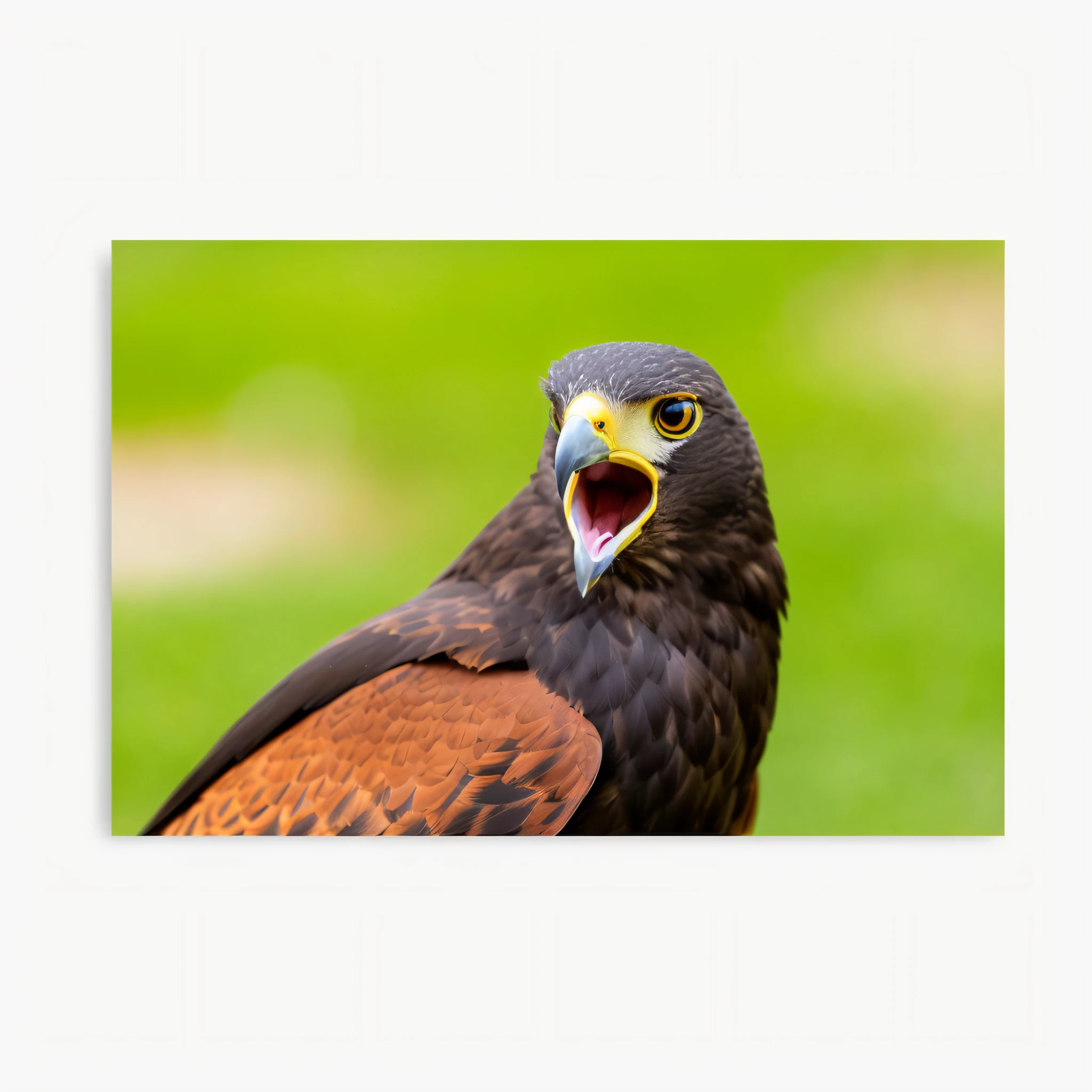 ave rapaz araffe con pico abierto sobre hierba verde, Grito, Photograph of a red kite, Toma de retrato, canto, un enojado, Sharply focused, Falvie, Bostezando, muy expresivo, GRACIOSO, Gritando, muy enojado, Gritando. no es realista, Fotografeado, llamativo, Foto a mitad de la toma, Un plano completo amplio, Apariencia feroz, muy sorprendido