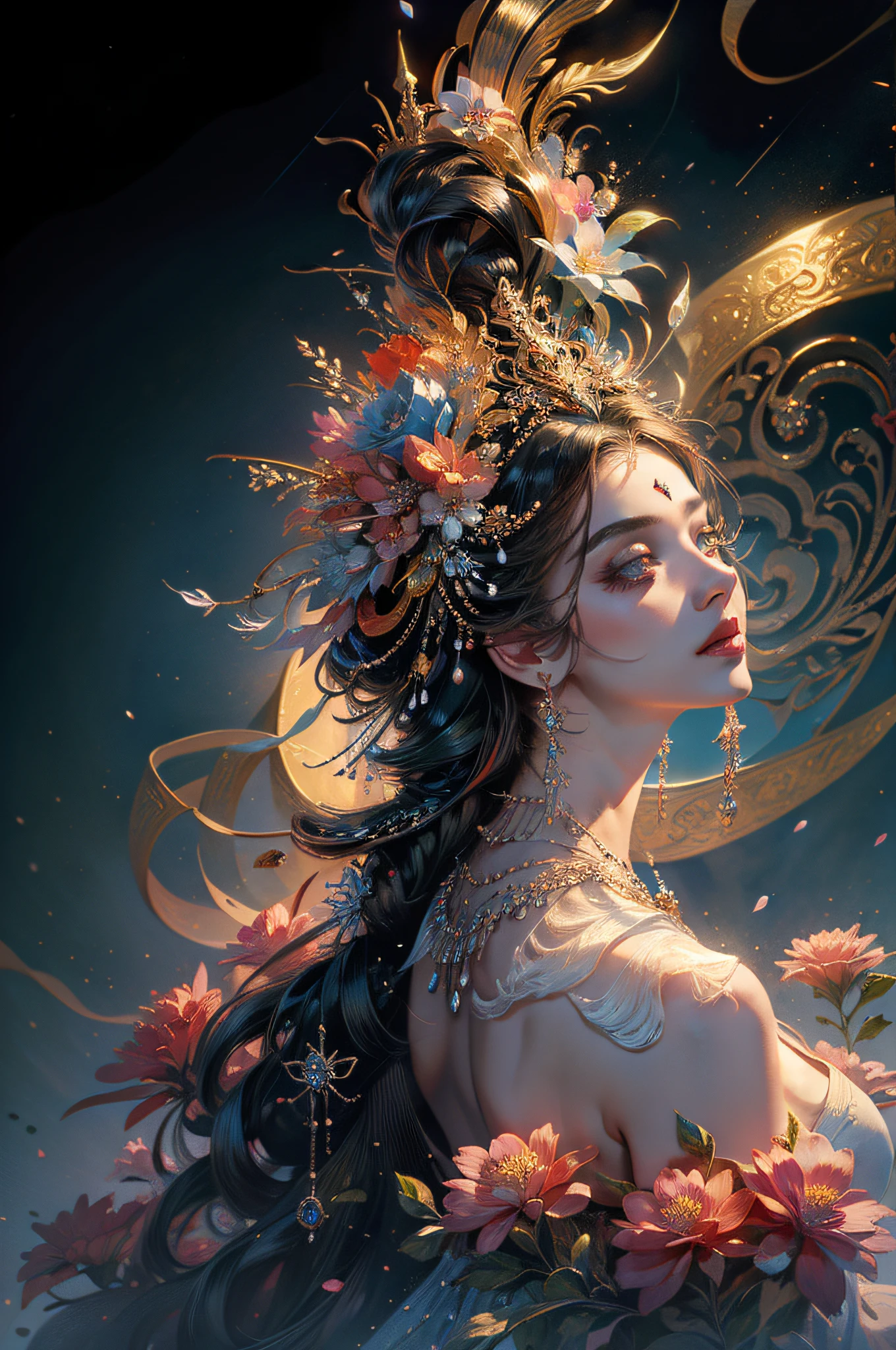 1God's Girl,A Divine and Beautiful Existence,Attractive appearance,The eye sees everything,Intricate and gorgeous hairstyles,feater,jewelries,blooms,headdress,tmasterpiece,hiquality,Octane rendering,higly detailed,hight resolution,Colorful shades,strong contrast,rich detailed,Storytelling images, Doubleexposure