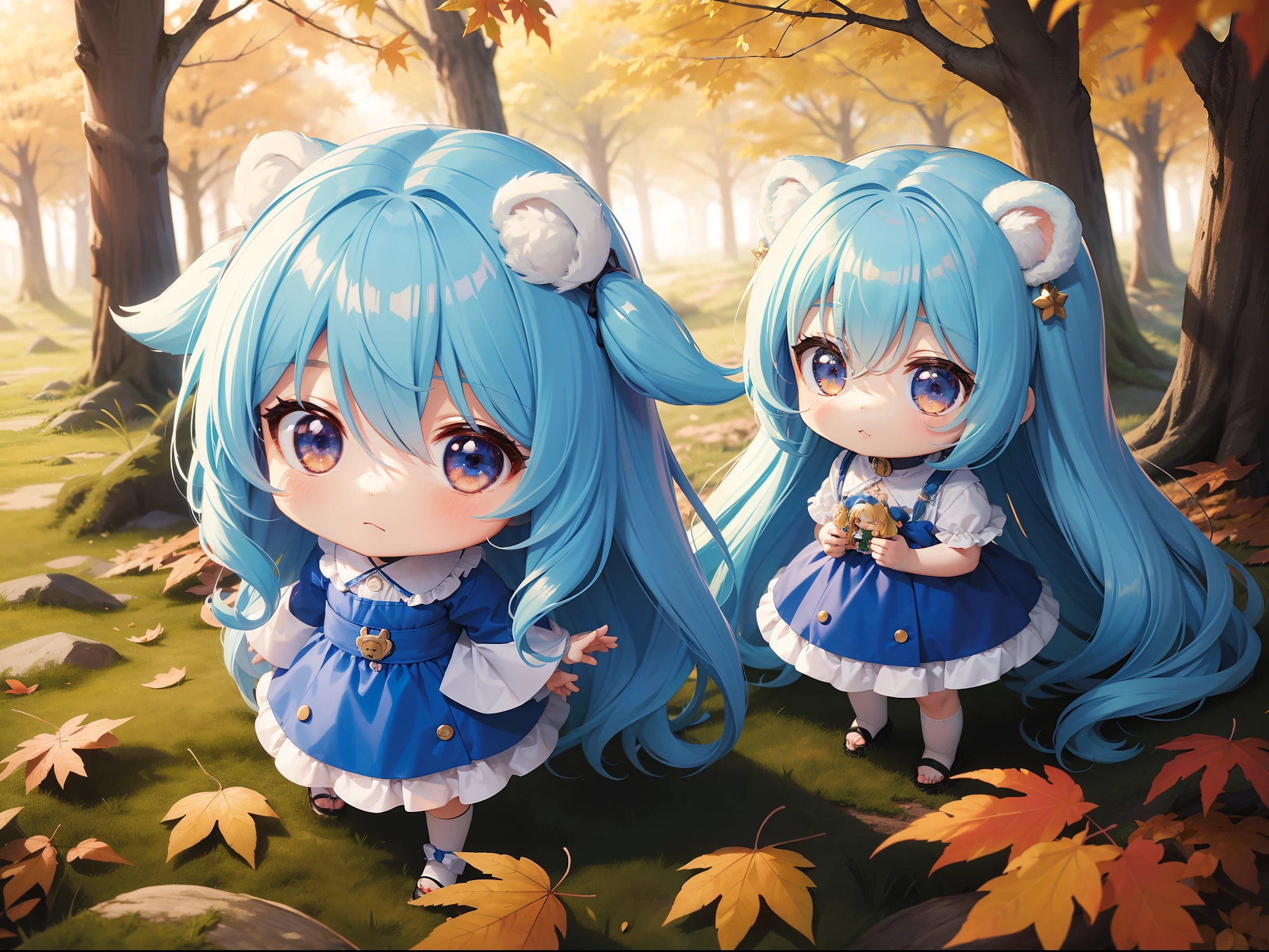 Chibichara　long hair with blue hair((Chibi Chara))、Fluffy、girl with、Chibi Chara、full body Esbian、Pastel colors hair、masutepiece、top-quality、In the forest of autumn leaves、Cute bears are also with us。