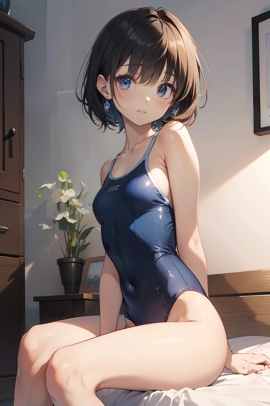 top-quality、Full limbs、complete fingers、Slender beauty、straight haired、Bery short hair、Light blue sailorsk swimsuit、Small eyes、a bed、natta、Sitting