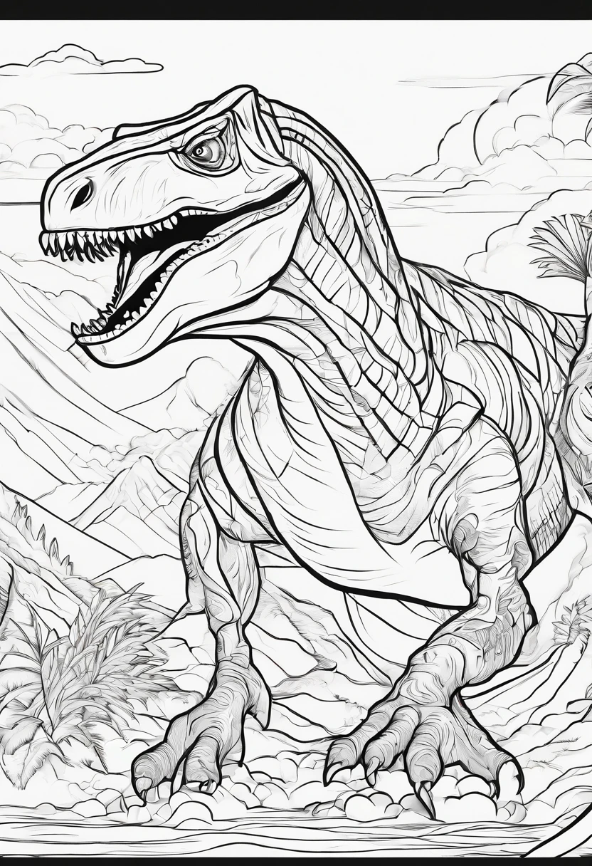 coloring page, no color, tyranosaurus rex in a rio de janeiro, cartoon style, black and white, low detail, no shading, no color, no shadow