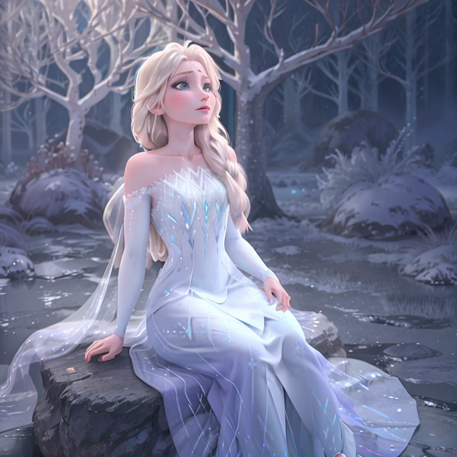 Full-body pose of Elsa from Frozen, sitting like a lady under a tree on ice and looking up at the sky;, muitos detalhes, Beautiful, Elsa, Frozen, alta qualidade