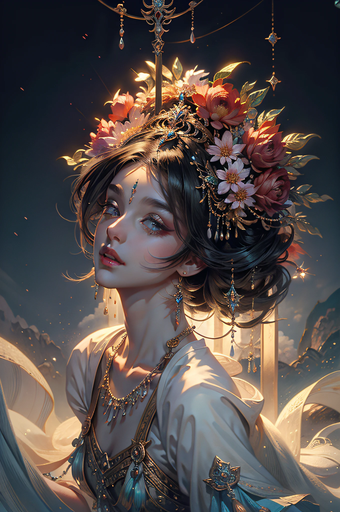 Girl of God，A Divine and Beautiful Existence，Attractive appearance，The eye sees everything，Intricate and gorgeous hairstyles，feater，jewelries，blooms，headdress，tmasterpiece，hiquality，Octane rendering，higly detailed，hight resolution，Colorful shades，strong contrast，rich detailed，Storytelling images