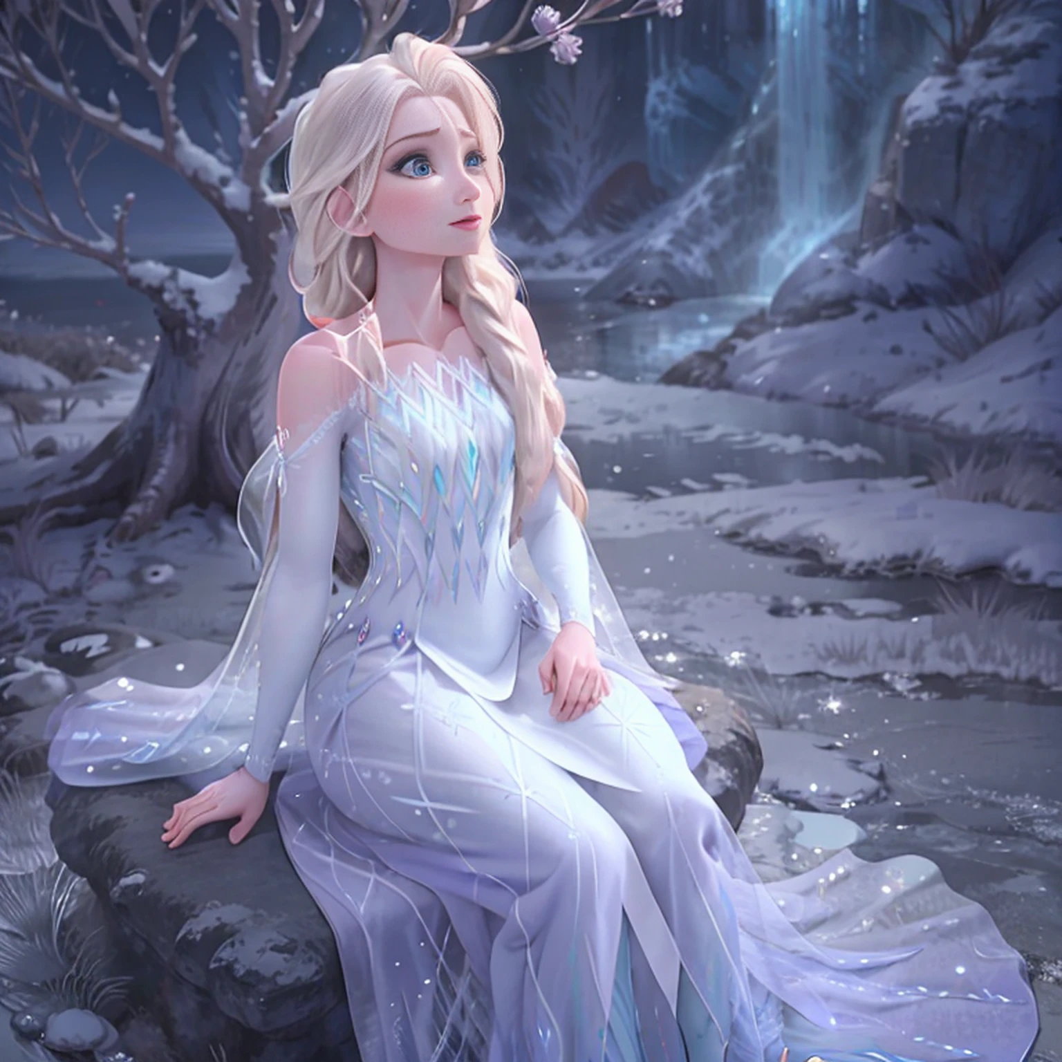 Full-body pose of Elsa from Frozen, sitting like a lady under a tree on ice and looking up at the sky;, muitos detalhes, Beautiful, Elsa, Frozen, alta qualidade